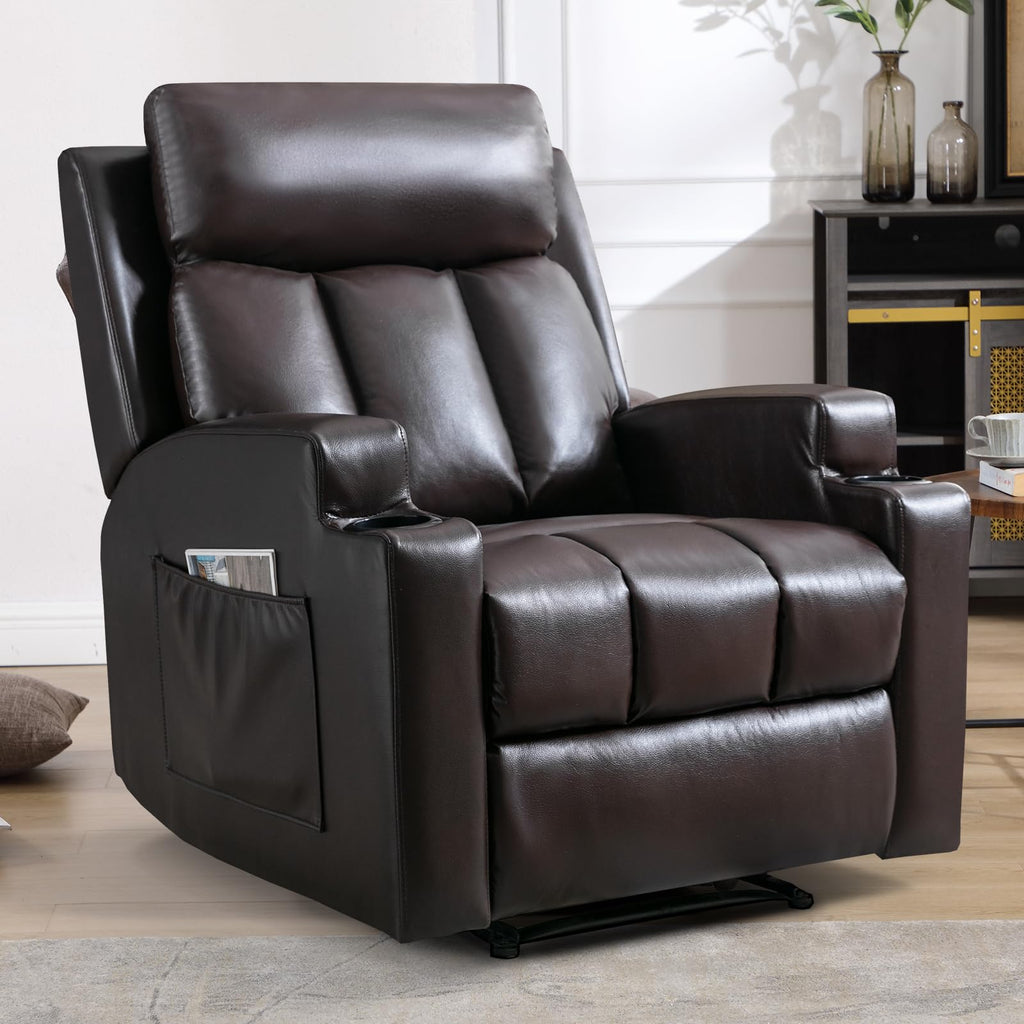 CANMOV Manual Recliner Chair with Massage and Heat, Soft Fabric Recliner Chair with Overstuffed Arm and Back, Manual Reclining Single Sofa with 2 Cup Holders, Side Pocket for Living Room, Dark Grey