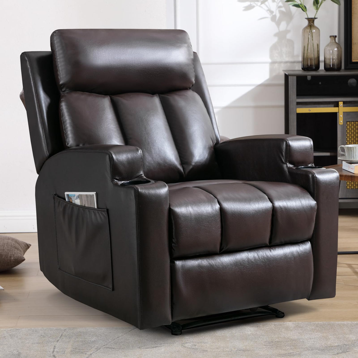 CANMOV Manual Recliner Chair with Massage and Heat, Soft Fabric Recliner Chair with Overstuffed Arm and Back, Manual Reclining Single Sofa with 2 Cup Holders, Side Pocket for Living Room, Dark Grey
