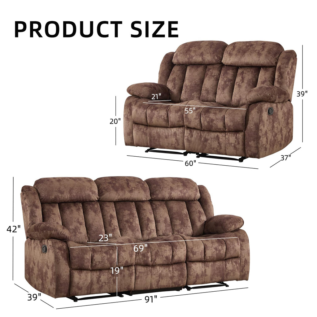 INZOY Manual Recliner Chair with Padded Armrest, Wall-Hugger Single Sofa Recliners with Overstuffed Back, Classical Fabric Reclining Chairs for Living Room Theater Seating, Brown