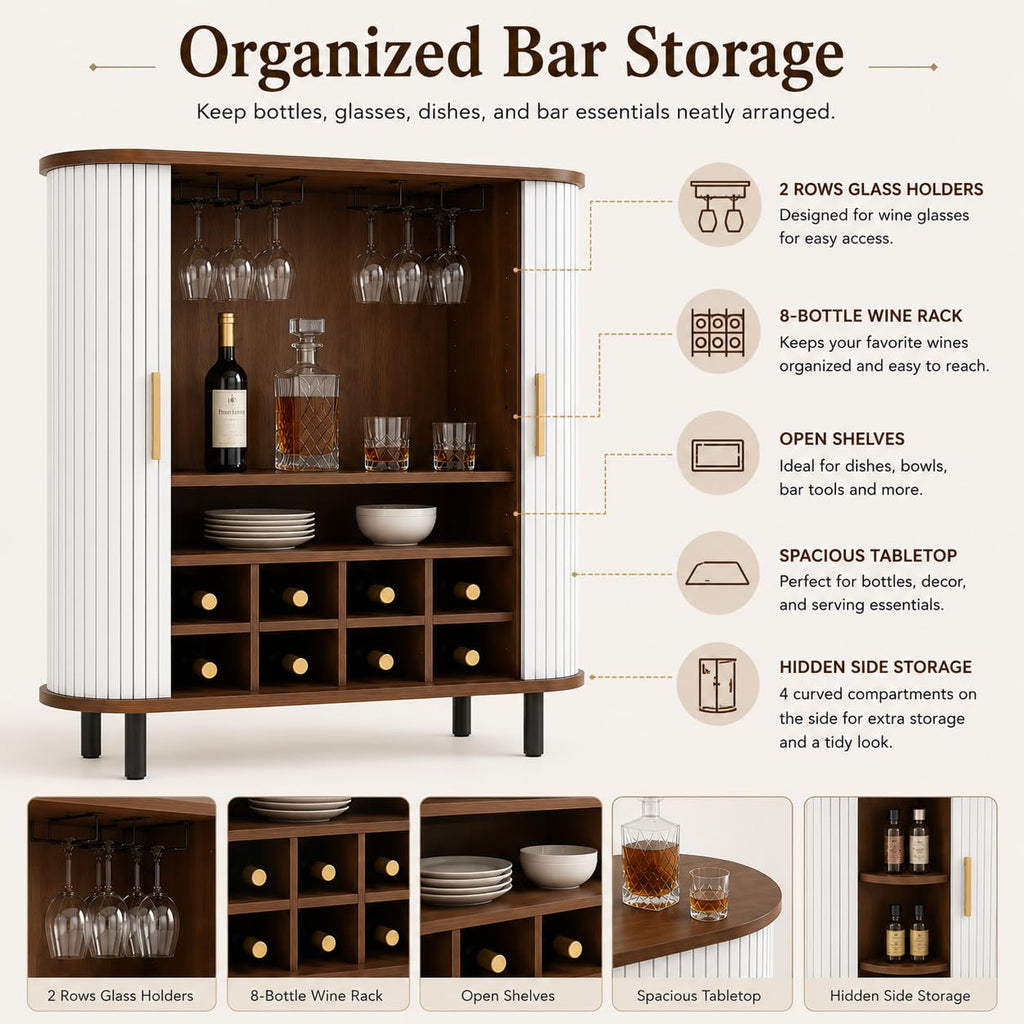 28 Inch Fluted Wine Bar Cabinet with Storage, Coffee Bar Cabinet with Sliding Tambour Doors, 8-Grid Wine Rack, Glass Holders, Adjustable Shelves, Sideboard Buffet Cabinet(Black)