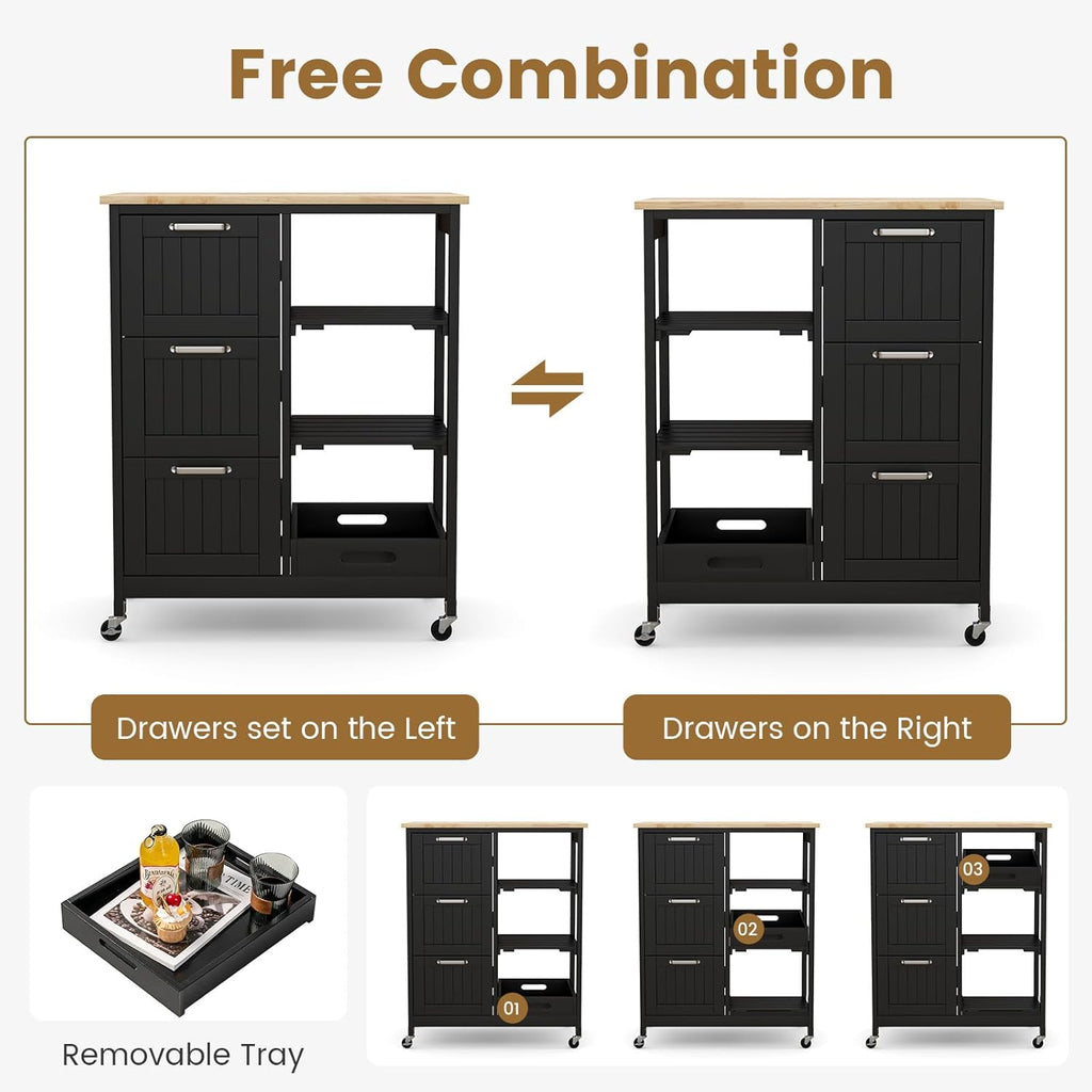 GOFLAME Kitchen Island Cart on Wheels with Storage, Versatile Rolling Cart with Wood Countertop, 3 Drawers, Removable Tray & Lockable Casters, Mobile Serving Trolley for Kitchen, Dining Room, Black