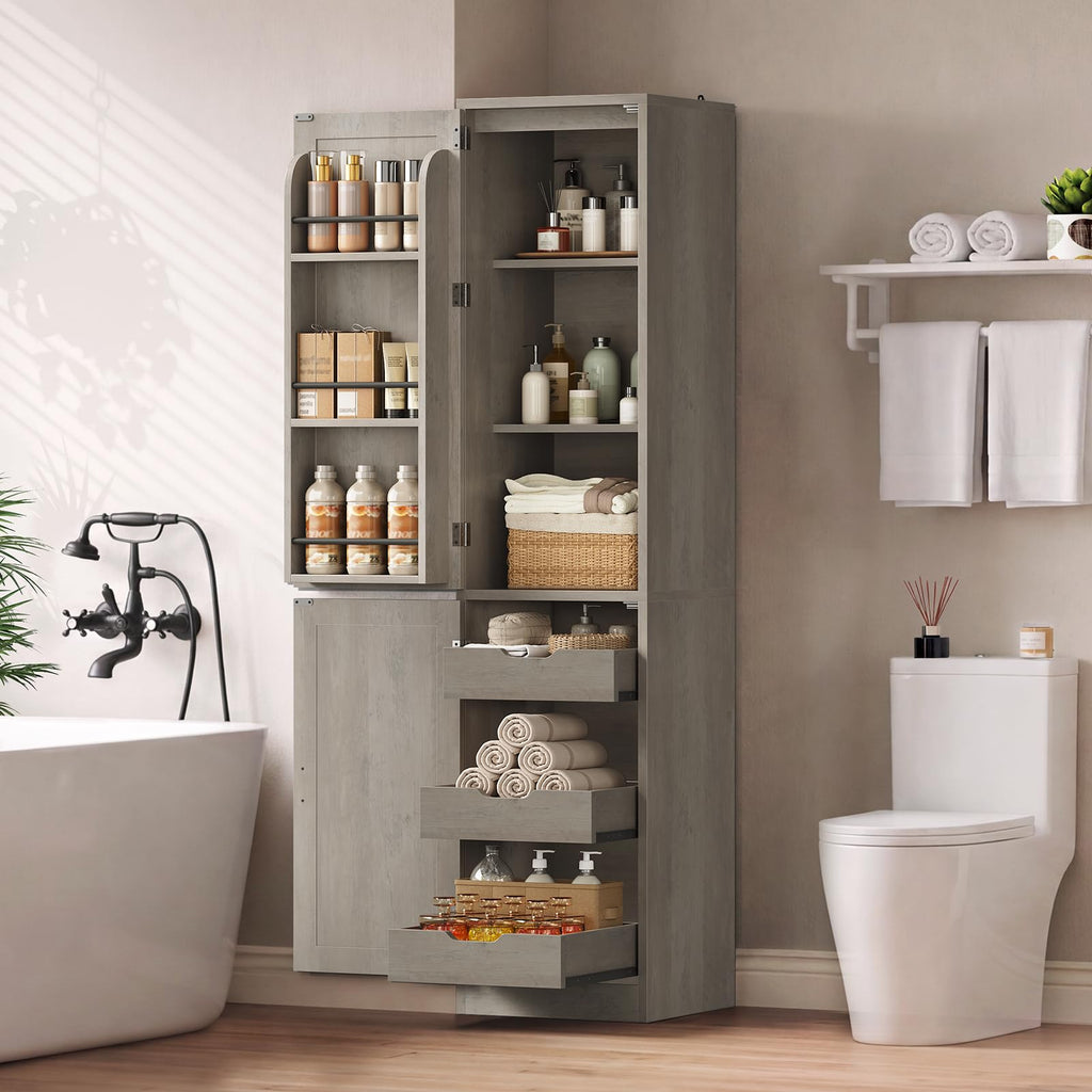 Itaar 71" Kitchen Pantry Cabinet with Charging Station and Led Light, Kitchen Storage Cabinets with Microwave Stand, 59" Wide Pantry Storage Cabinet with Storage Cart 3 Tier for Dining Room, White