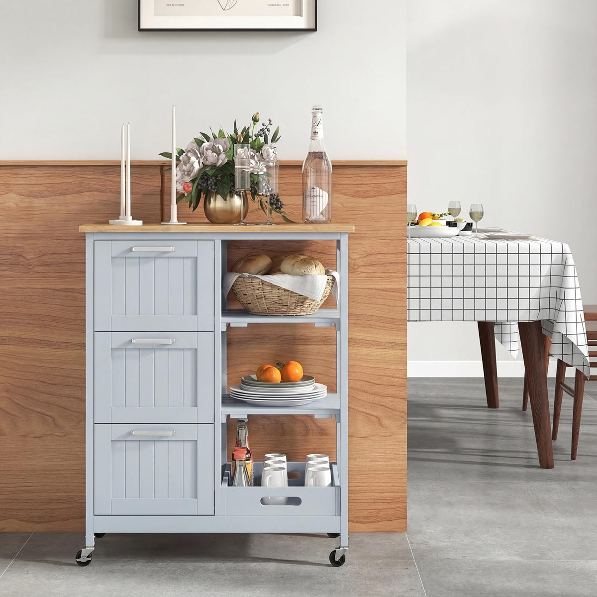 GIANTEX Kitchen Island Cart on Wheels, Rolling Utility Cart w/Rubber Wood Top, 3 Storage Drawers & 2 Removable Shelves & Removable Tray, Lockable Casters, Serving Cart for Dining Room, Bar, White