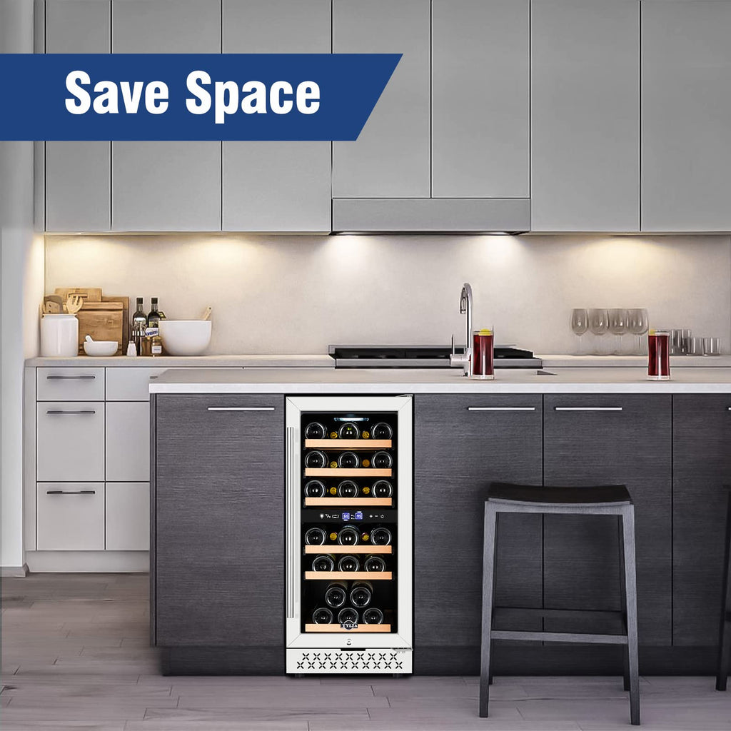 Tylza Wine Fridge 15'', 30 Bottles Wine Cooler Refrigerator, Undercounter or Freestanding, Removable Shelves, 40-65Â°F, Wine Cabinet with Double Glass Door, Wine Cooler for Home, Kitchen, Bar