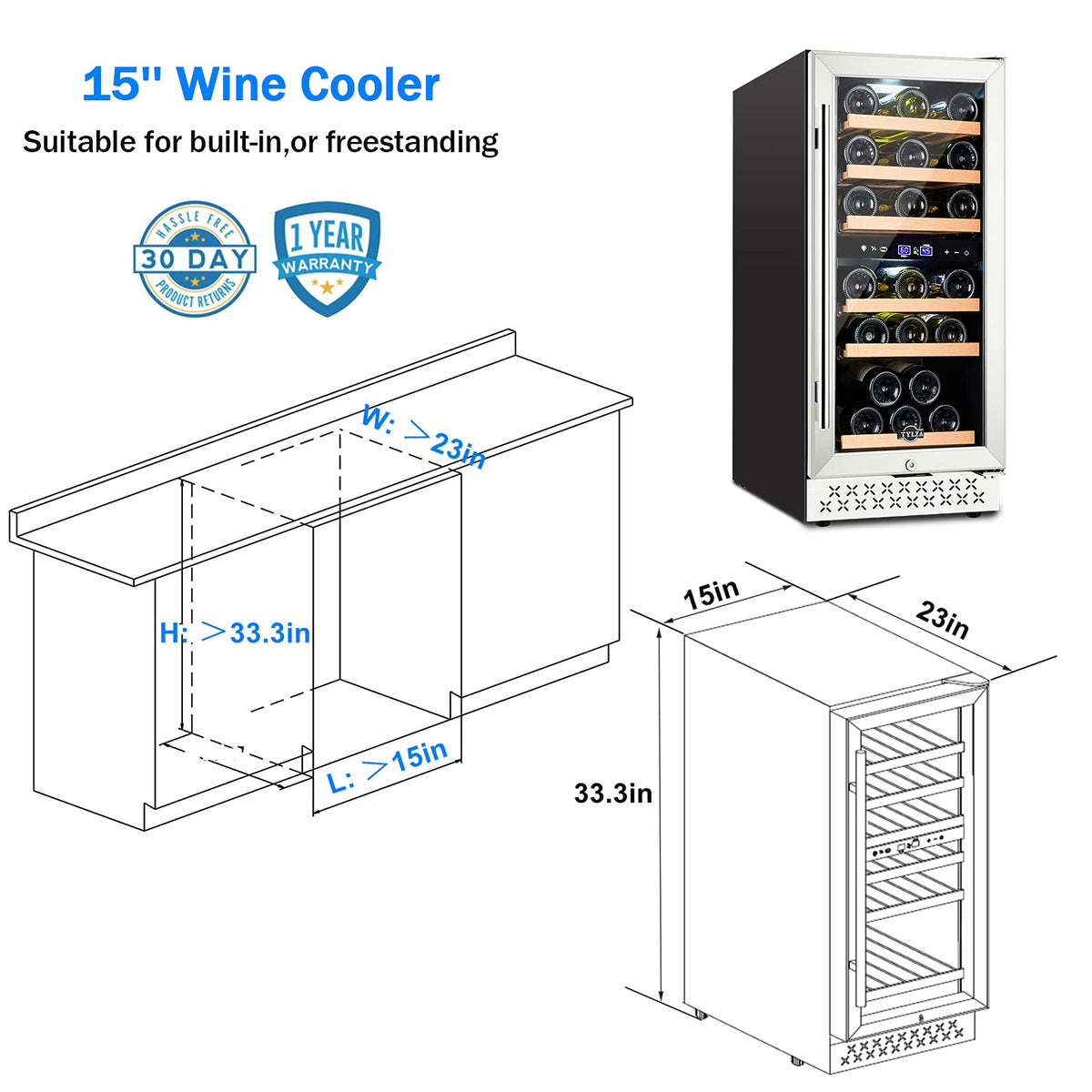 Tylza Wine Fridge 15'', 30 Bottles Wine Cooler Refrigerator, Undercounter or Freestanding, Removable Shelves, 40-65Â°F, Wine Cabinet with Double Glass Door, Wine Cooler for Home, Kitchen, Bar