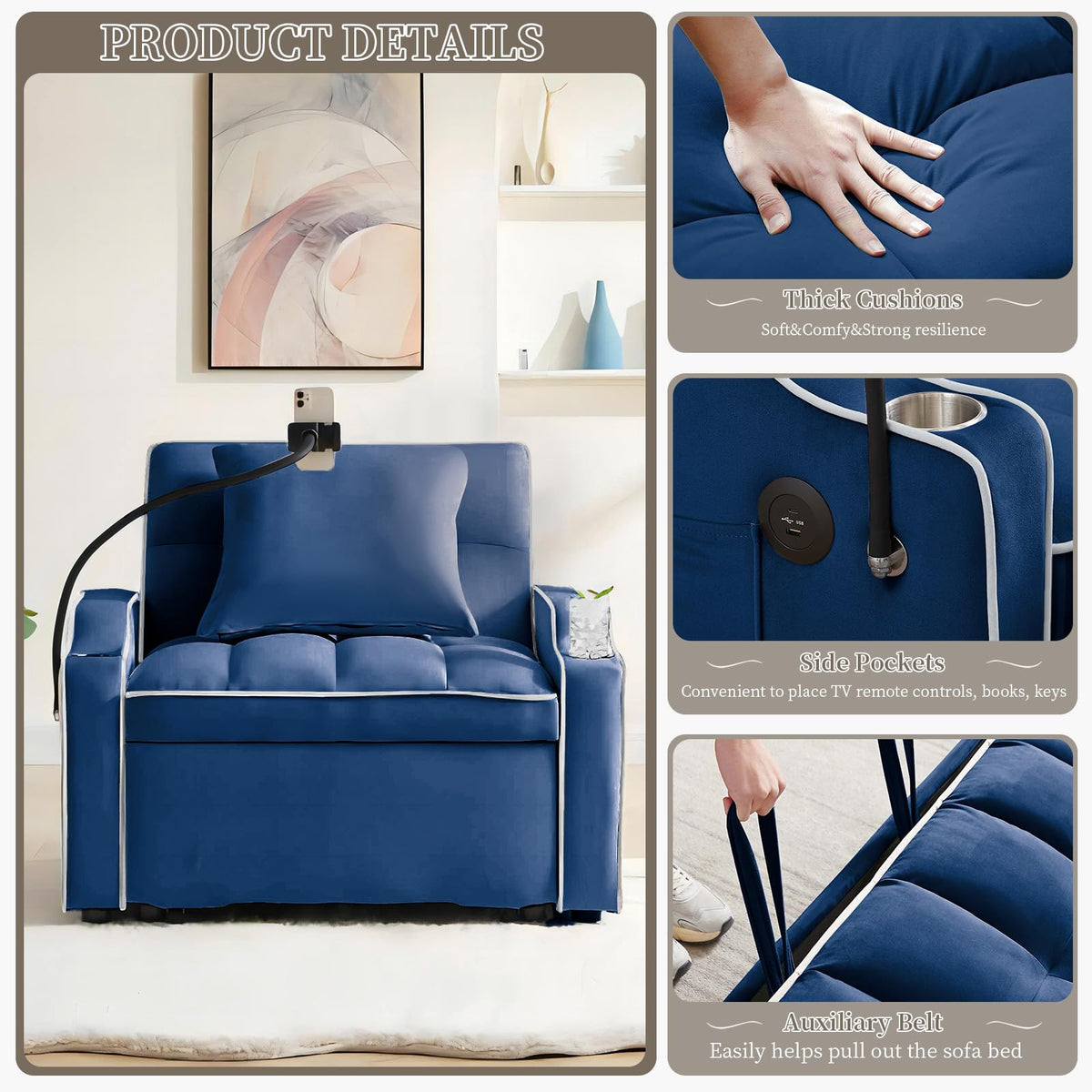 Convertible Single Sleeper Chair Bed,3 in 1 Velvet Futon Sleeper Sofa Bed with Phone Holder&USB Ports,Pull Out Couch Bed,Adjustable Recliner Armchair bed for Living Room,Office,Small Places(Grey)