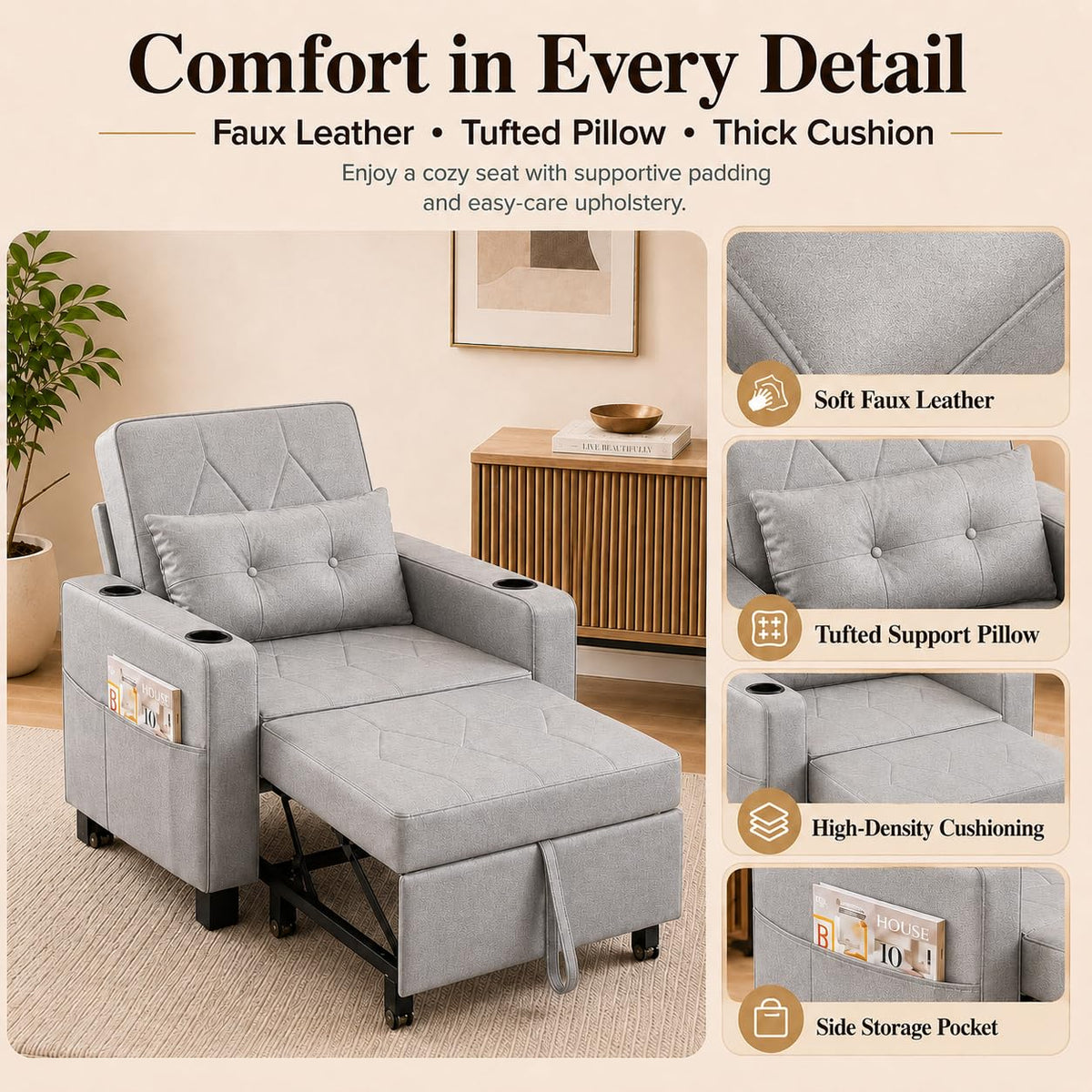 AILEEKISS Sleeper Chair Bed, 3-in-1 Convertible Pull Out Sofa, Faux Leather