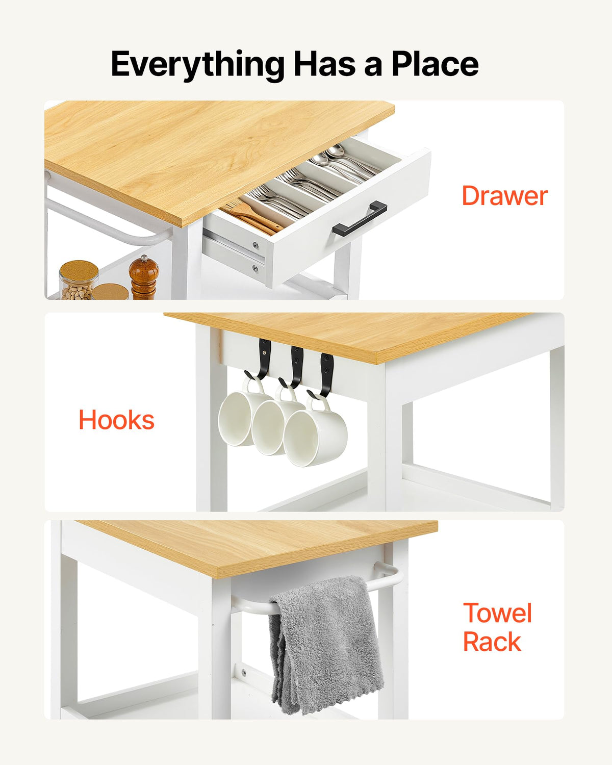 VEVOR Kitchen Island Cart with Storage, 47.64 in Wide Mobile Rolling Storage Island on Swivel Wheels, with 2 Drawers, Storage Cabinet, Drop Leaf, Towel Rack, Table for Home Dining Room, White