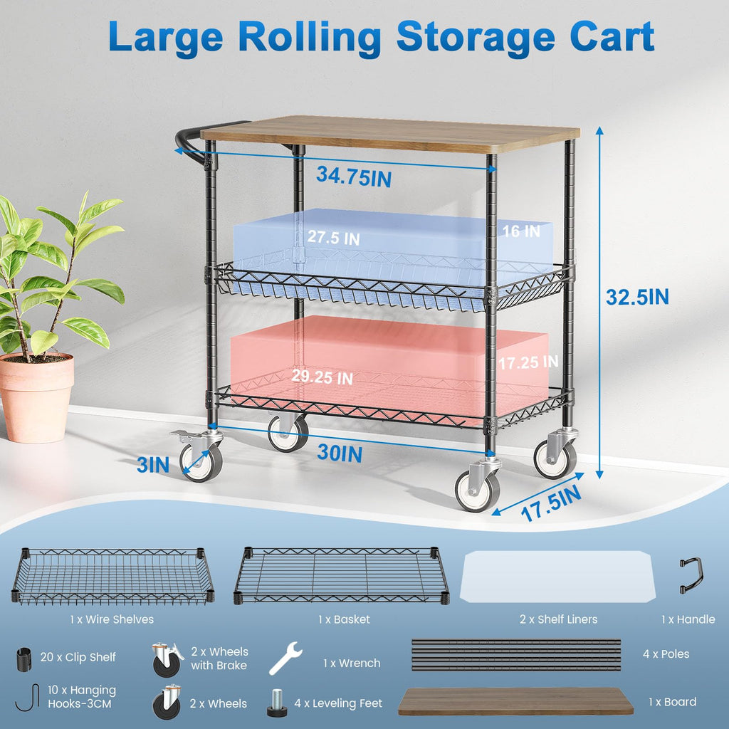 Leteuke 3 Tier Rolling Carts with Wheels, Heavy Duty Rolling Utility Cart