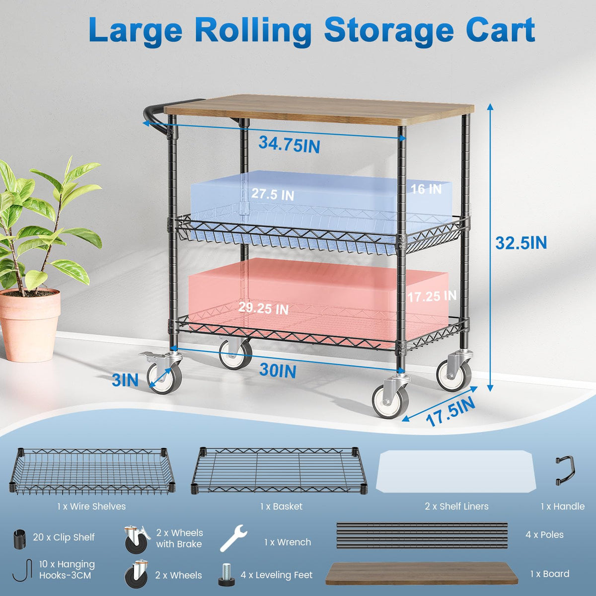 Leteuke 3 Tier Rolling Carts with Wheels, Heavy Duty Rolling Utility Cart