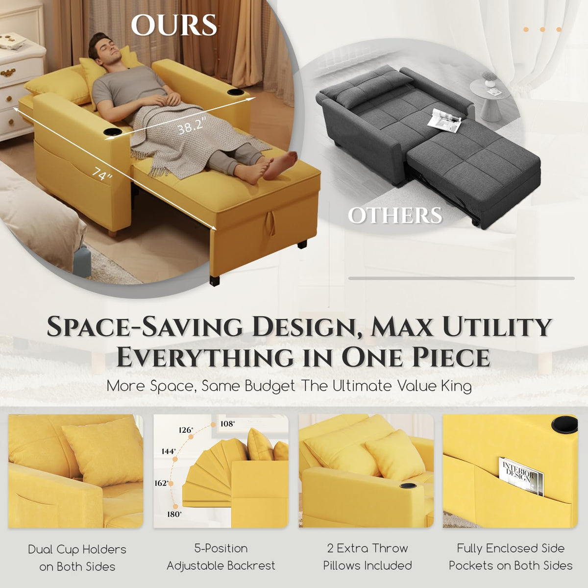 YODOLLA Sleeper Chair Pull Out Bed, Chair Bed Sleeper for Adults, Beige