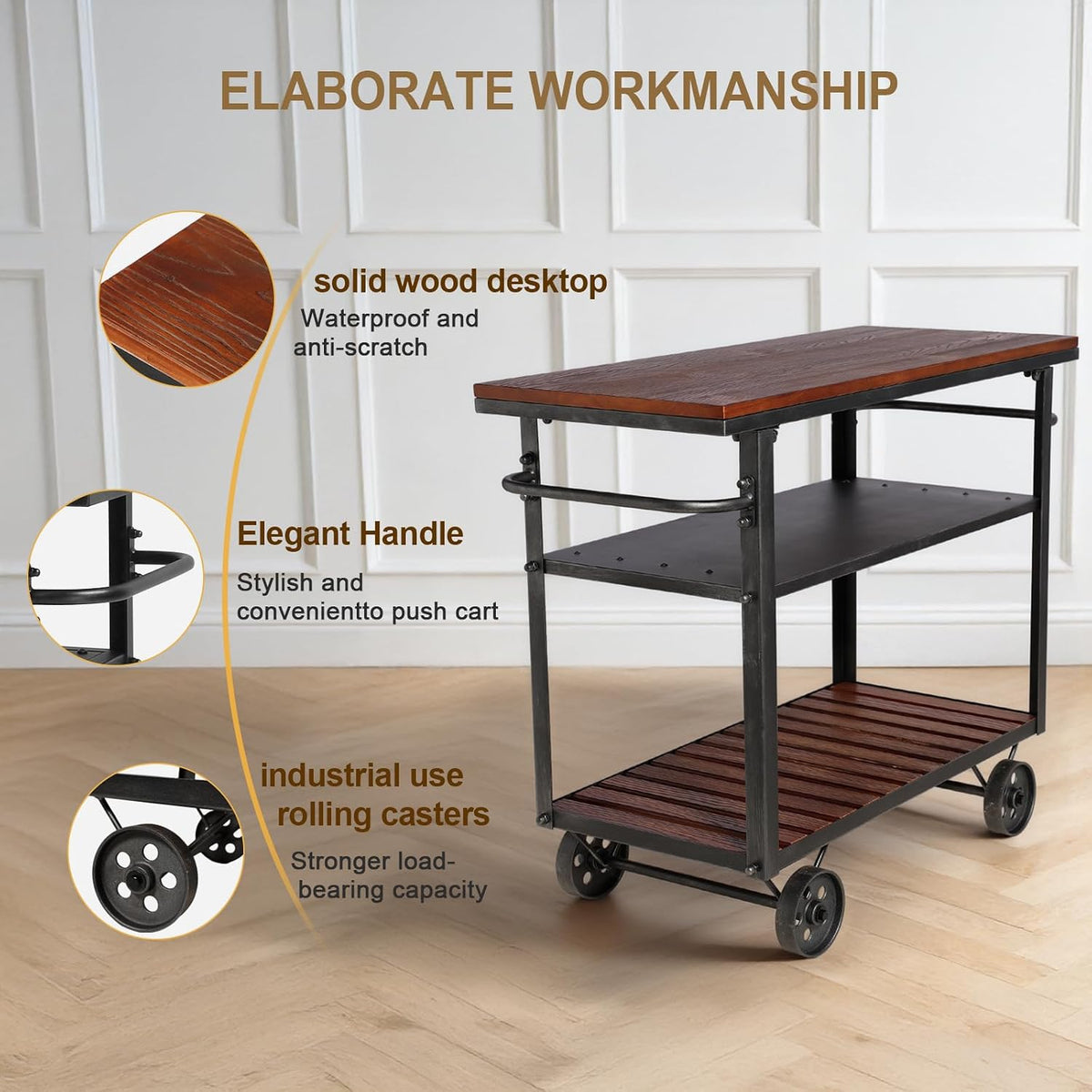 Vintage Rolling Bar Cart on Wheels Industrial Mobile Serving Cart Metal and Wood Design for Kitchen Bar Office Coffee House 36.2" Lx15.75 Wx30.5 H 3 Tier with 2 Side Handle