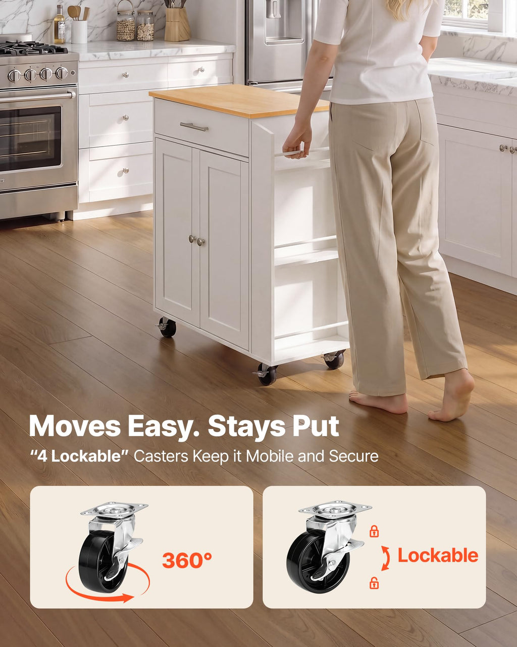 VEVOR Kitchen Island Cart with Storage, 47.64 in Wide Mobile Rolling Storage Island on Swivel Wheels, with 2 Drawers, Storage Cabinet, Drop Leaf, Towel Rack, Table for Home Dining Room, White