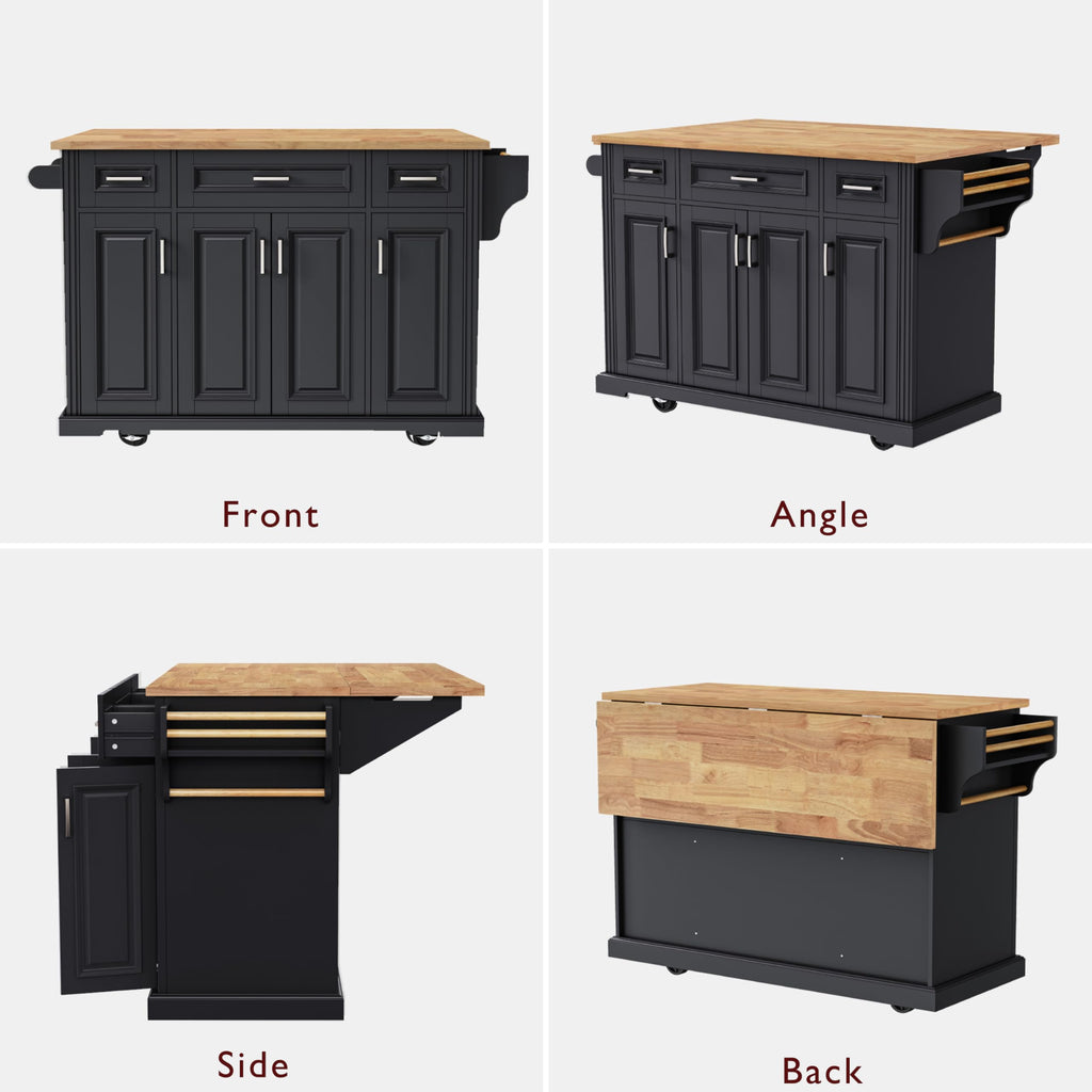 Merax 54" Large Kitchen Cart Island on Wheels with Drop Leaf,Adjustable Shelves,3 Drawers,Embossed Texture Design for Dining Room