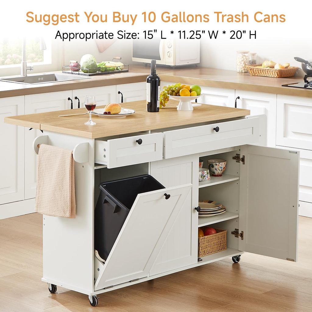 ONBRILL 60" Kitchen Island with Trash Can Storage, Rolling Island Table