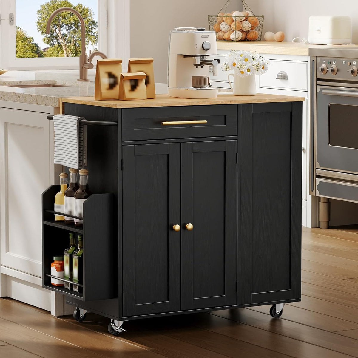 Kitchen Island with Storage, Rolling Kitchen Table with Drop Leaf, Charging Station, 3 Open Adjustable Shelf & Drawer, Towel Rack, Mobile Kitchen Cart for Dining Room, Black and Natural