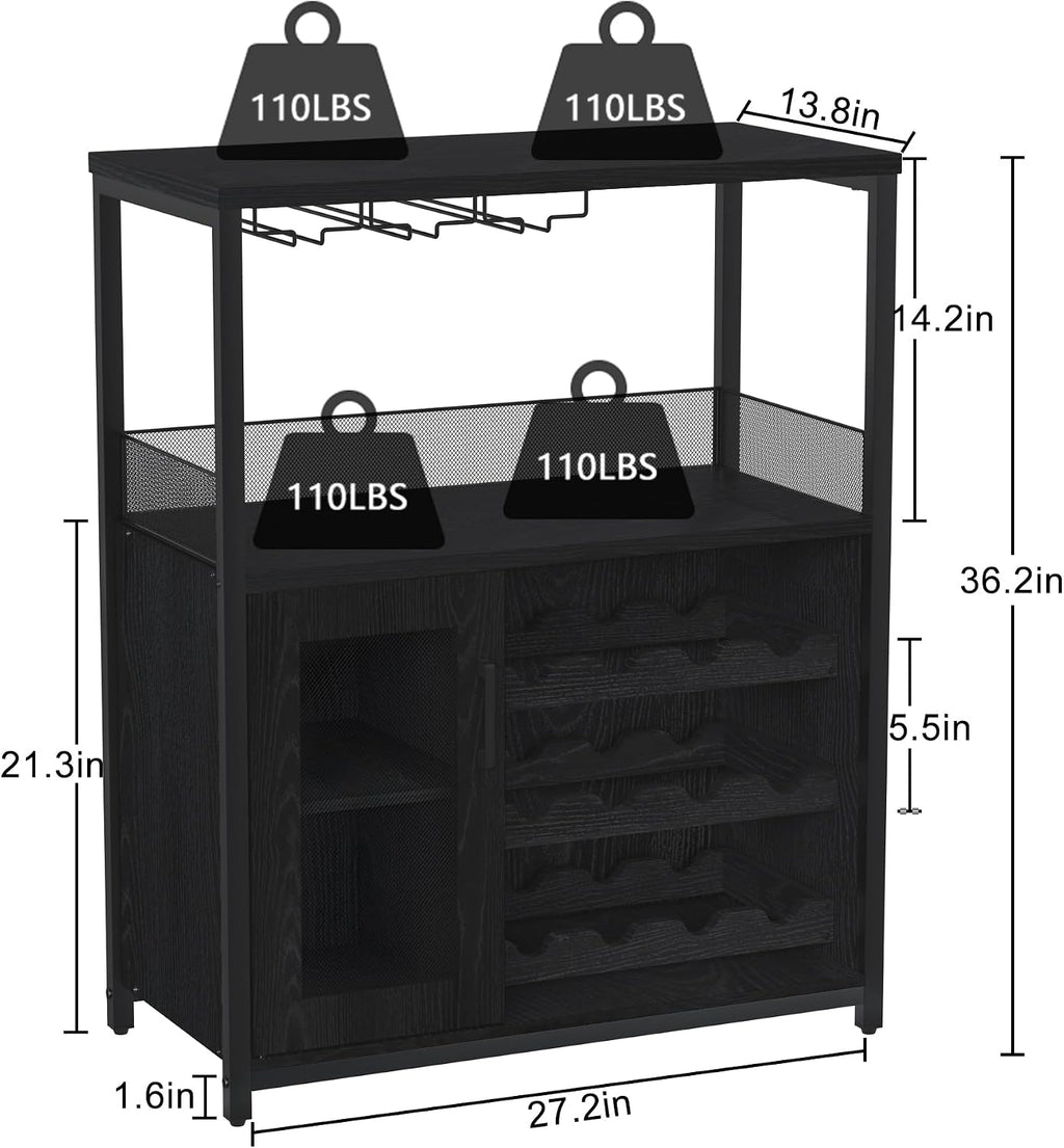 Wine Bar Cabinet, 3-Tier Detachable Wine Rack, Stemware Glass Holder, Mesh Door & Storage Shelves, Liquor Storage Buffet Sideboard for Kitchen, Dining Room, Living Room or Home Bar - Black