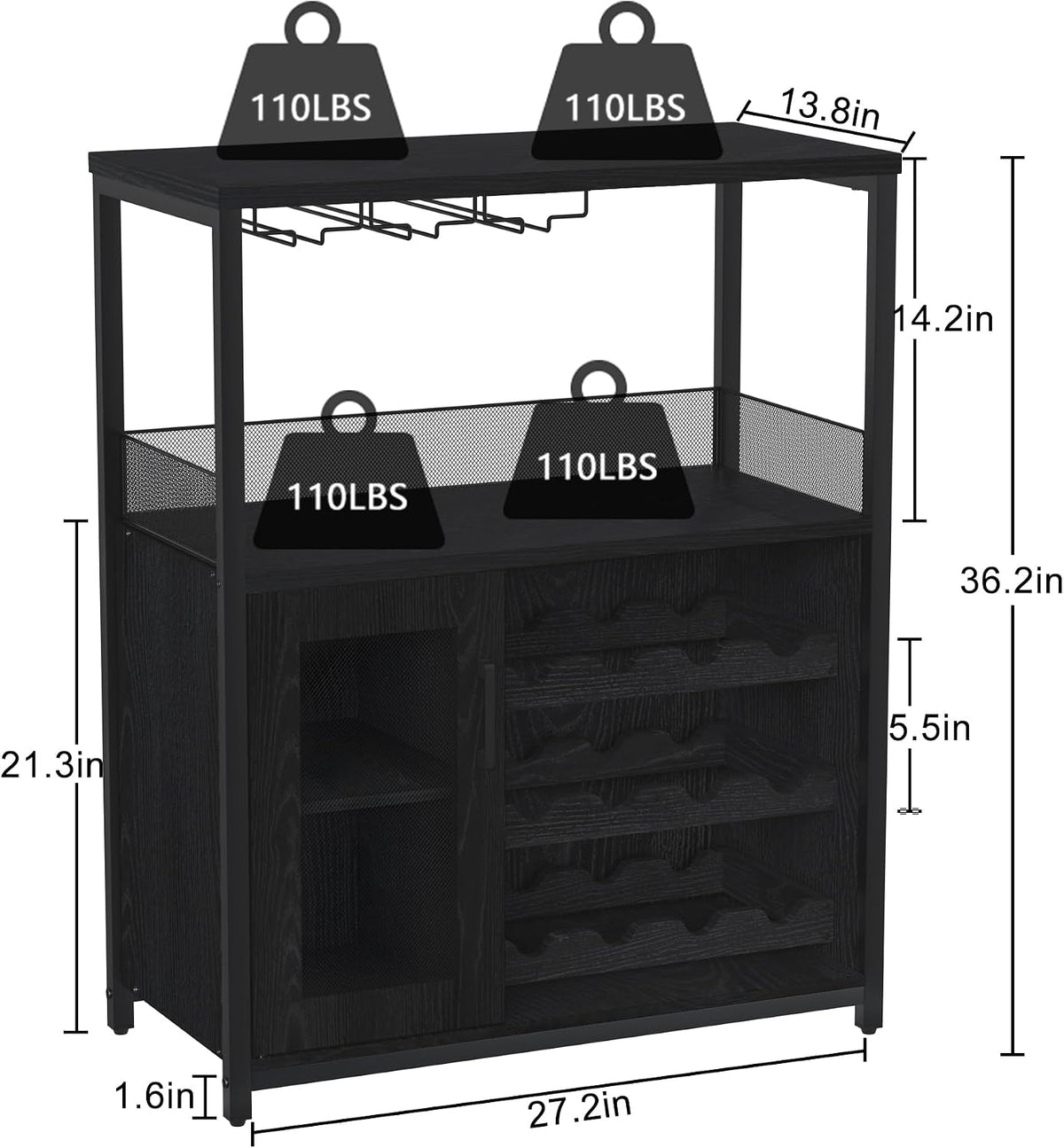 Wine Bar Cabinet, 3-Tier Detachable Wine Rack, Stemware Glass Holder, Mesh Door & Storage Shelves, Liquor Storage Buffet Sideboard for Kitchen, Dining Room, Living Room or Home Bar - Black