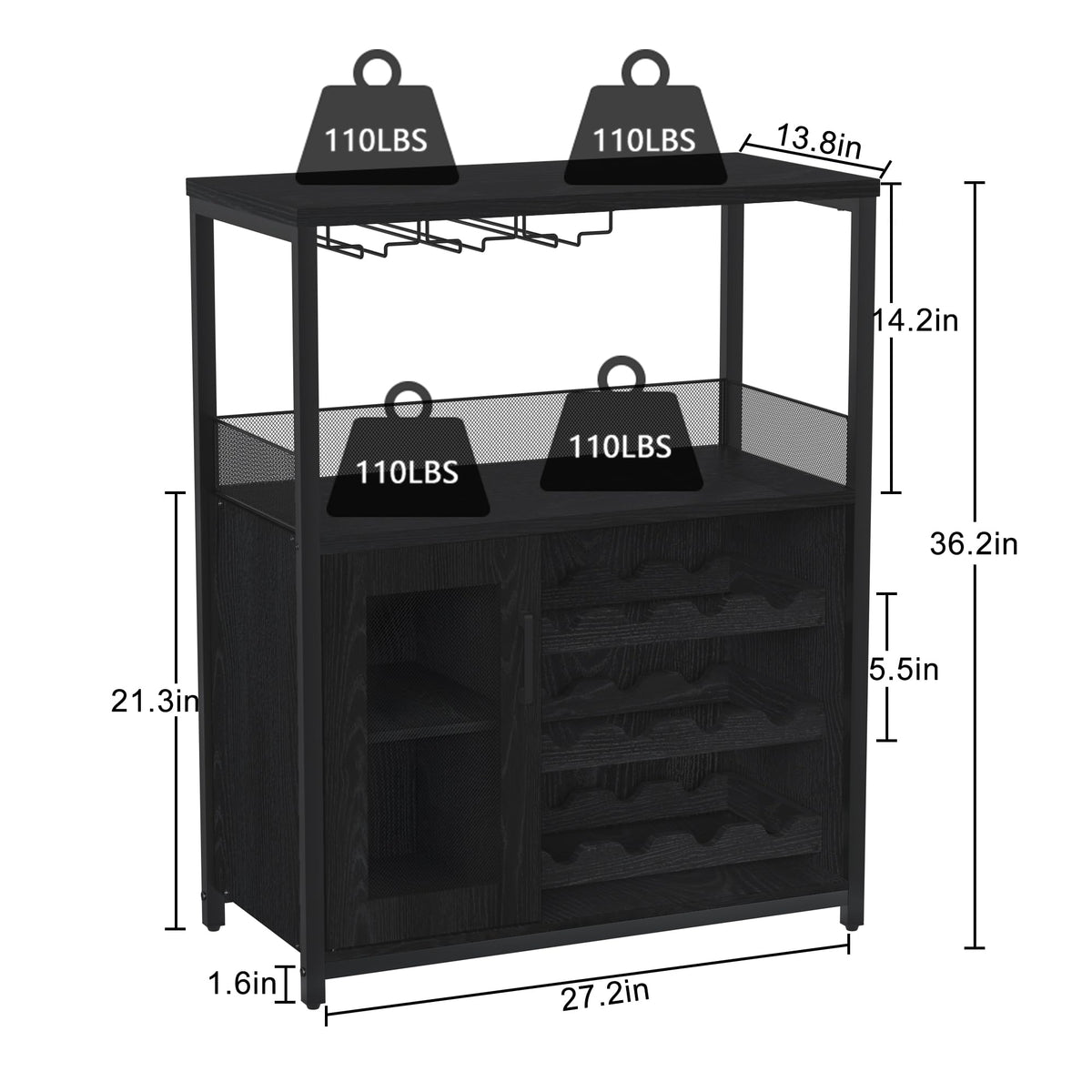 Jojoka 3 Tier Wine Bar Cabinet with LED Lights, Adjustable Storage, Liquor Rack, Glass Holder, Mesh Door, Multi Functional Coffee Bar Sideboard Buffet for Home, Dining Room