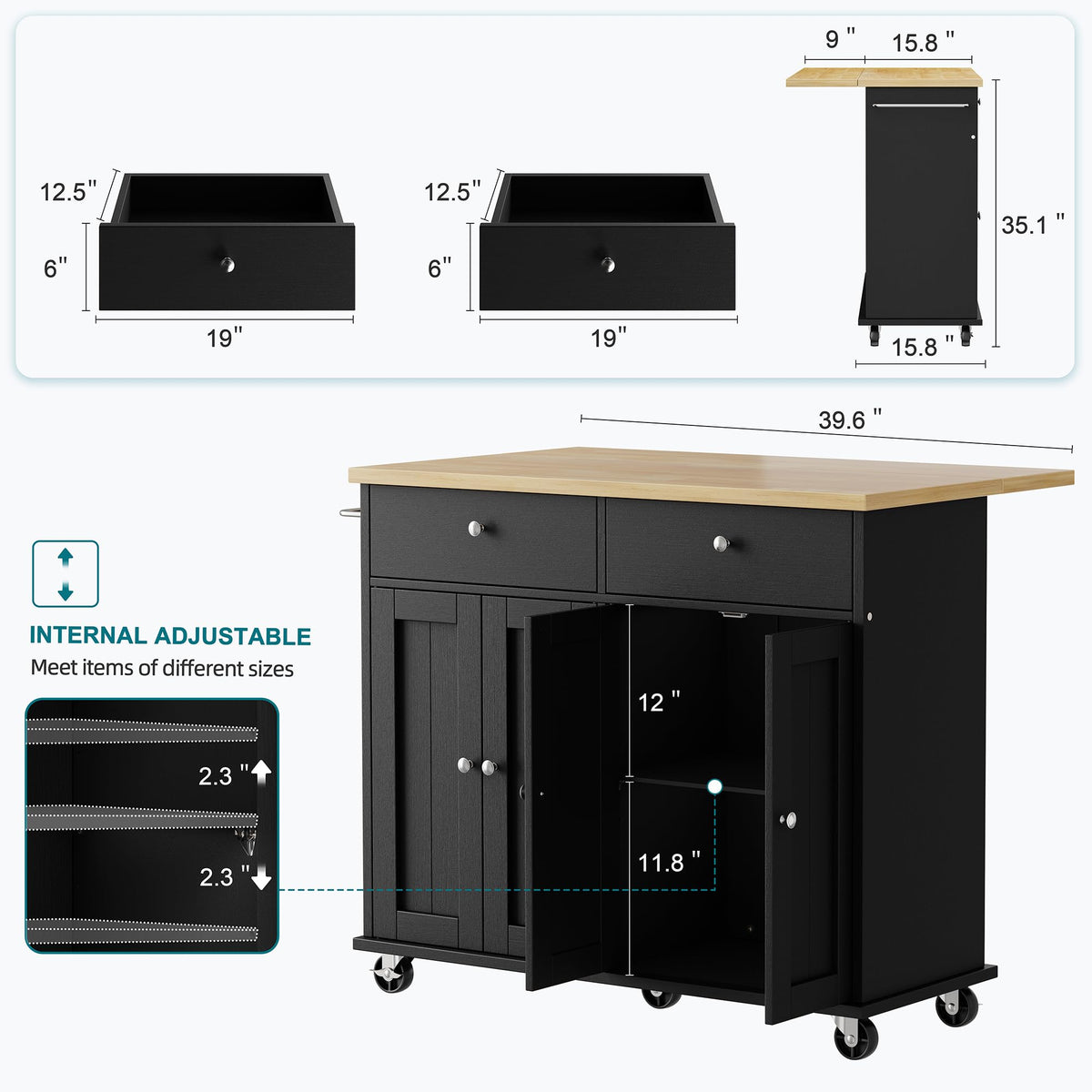 Shintenchi Kitchen Island with Drop Leaf, Rolling Kitchen Cart with Storage on Wheels, Table Bar Cart for Kitchen with Towel Rack & Seating Area for Dining Room, White