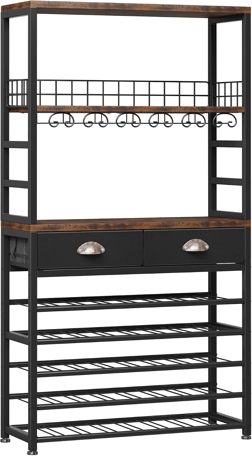 Homeiju Wine Cabinet with Storage, Wine Rack Freestanding Floor, 6-Tier with Tabletop, Drawer and Wine Storage for Home Bars