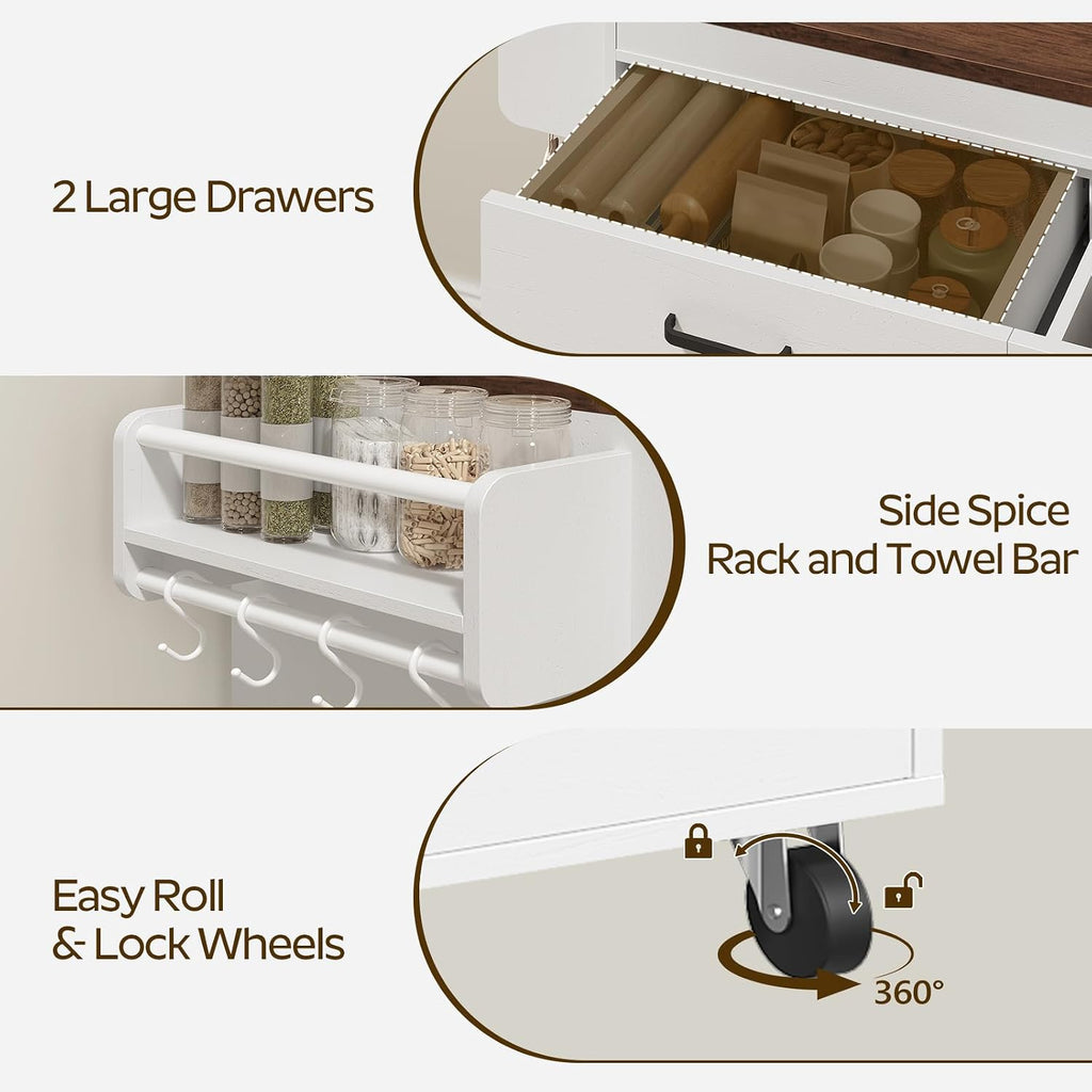 YATINEY Extendable Kitchen Island, Large Mobile Kitchen Storage Island, Rolling Kitchen Cart with Outlets, Island Table for Kitchen, White ZD03UWH