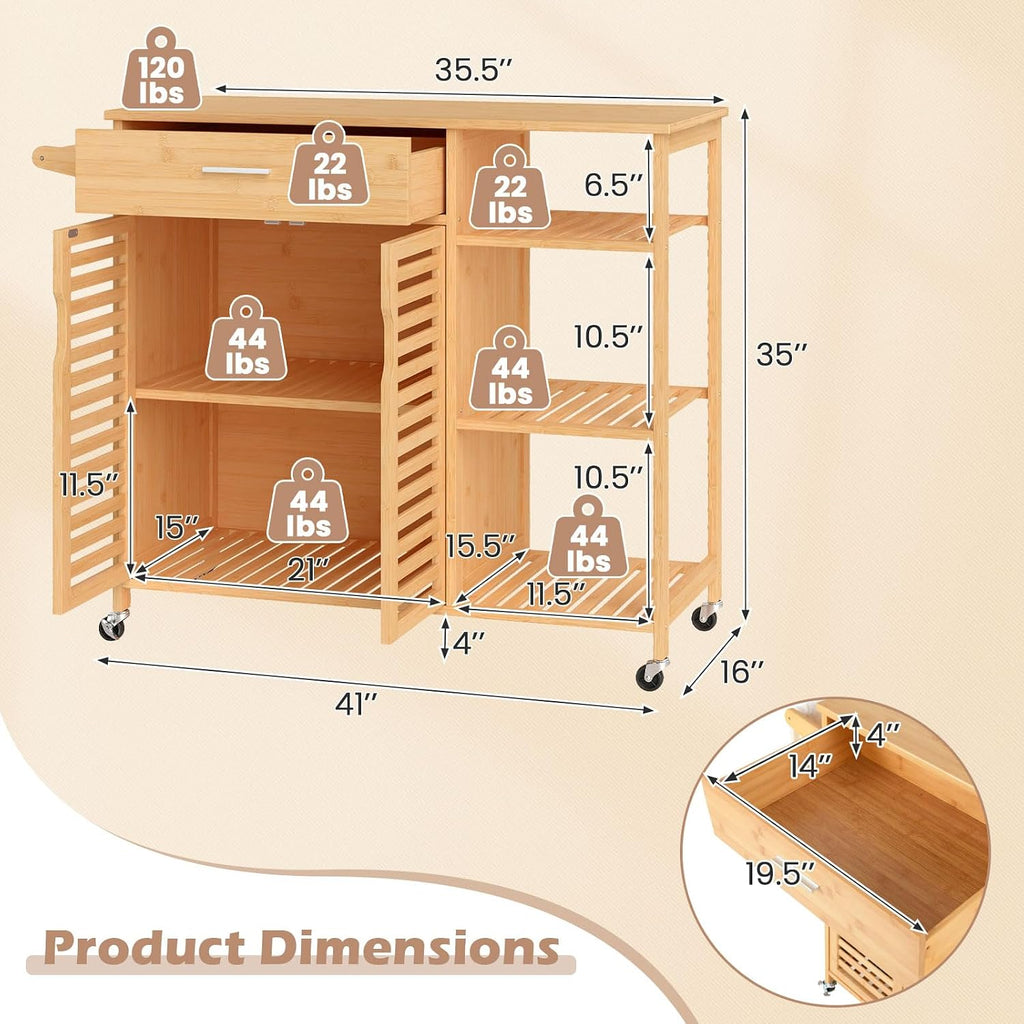 LOKO Mobile Bamboo Kitchen Island Cart, Rolling Storage Sideboard, Natural