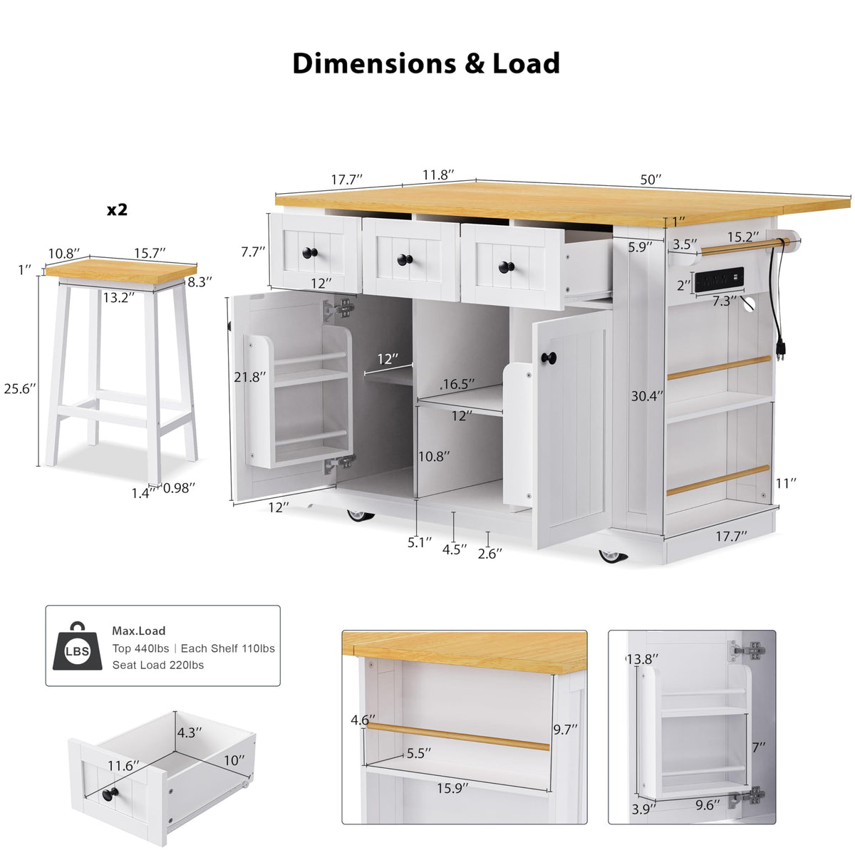 53" Large Kitchen Island with Drop Leaf & Power Outlet, Rolling Kitchen Cart on 5 Wheels with Internal Door Storage Rack, 5 Open Side Racks, 3 Drawers, 2 Doors for Kitchen Dining Room
