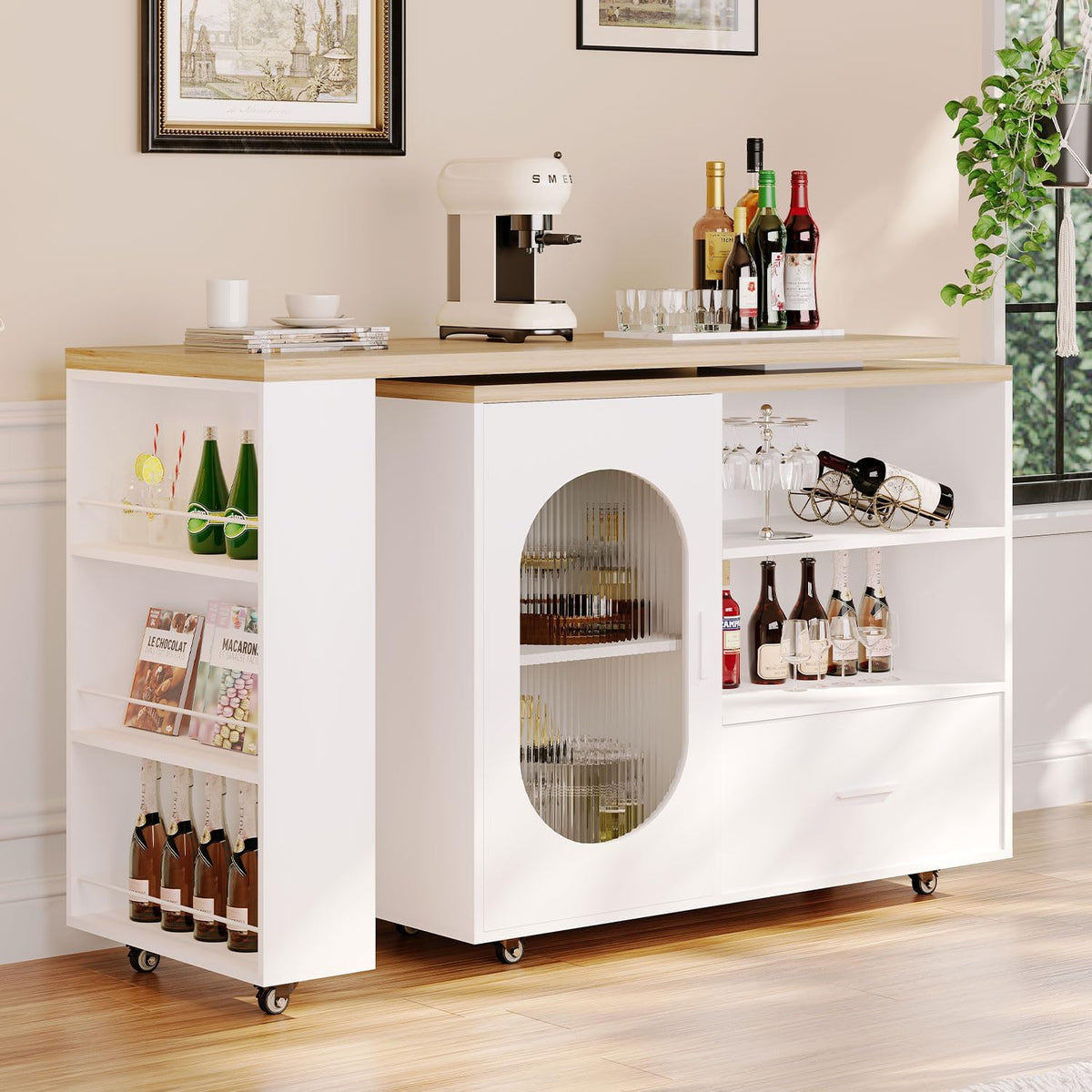 HSH 72â Rolling Kitchen Island with Seating & Storage on Wheels, White Oak