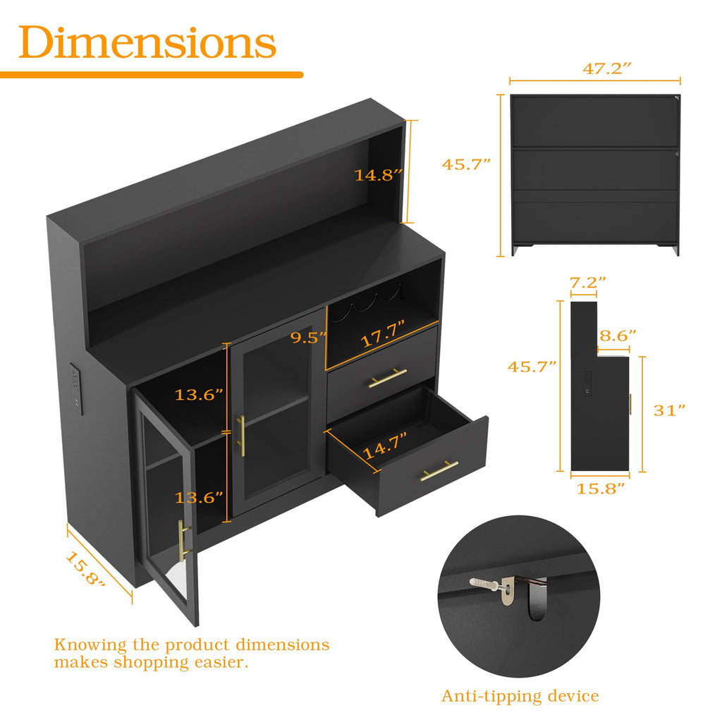 Home Bar Cabinet with Adjustable RGB LED Light, Wine & Coffee Storage with Rack & Drawers, Charging Station, Modern Liquor Cabinet for Living & Dining Room, All-in-One Wine Bar Cabinet (Rustic)