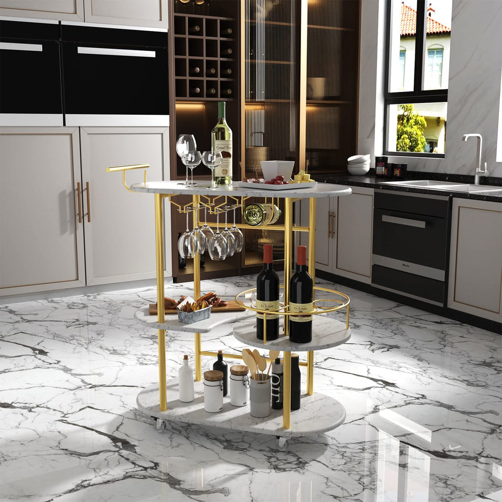 Light Gray Bar Carts with 4-Tier Storage Shelves, Mobile Bar Serving Cart with Wine Rack and Glass Holder, for The Home, Kitchen, Living Room, Dining Room