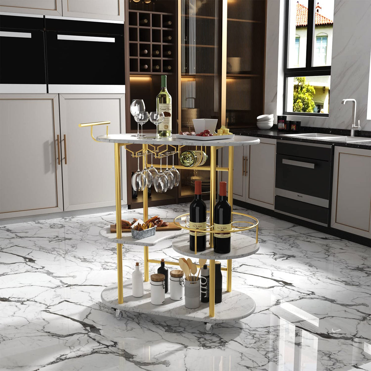 Light Gray Bar Carts with 4-Tier Storage Shelves, Mobile Bar Serving Cart with Wine Rack and Glass Holder, for The Home, Kitchen, Living Room, Dining Room
