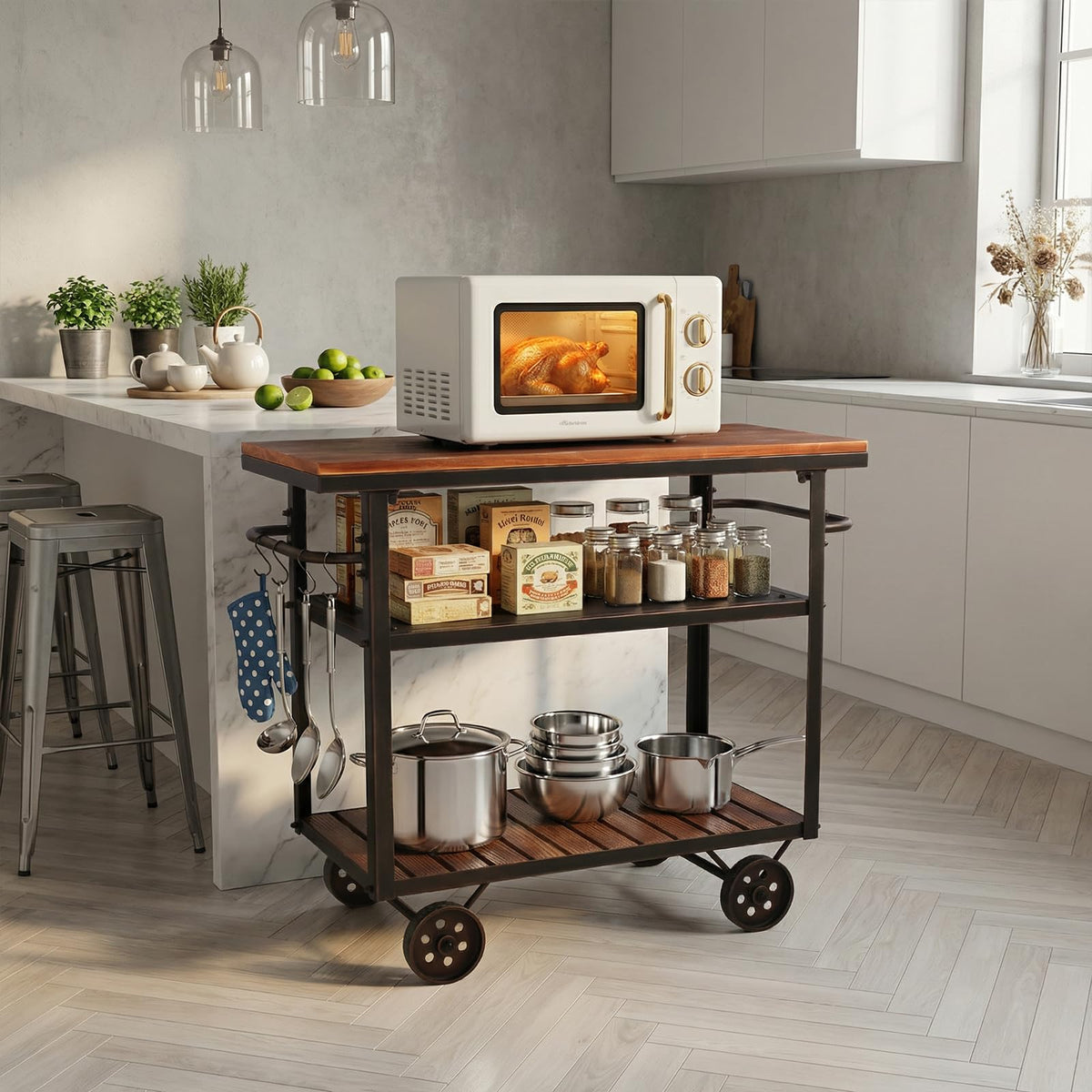 Vintage Rolling Bar Cart on Wheels Industrial Mobile Serving Cart Metal and Wood Design for Kitchen Bar Office Coffee House 36.2" Lx15.75 Wx30.5 H 3 Tier with 2 Side Handle