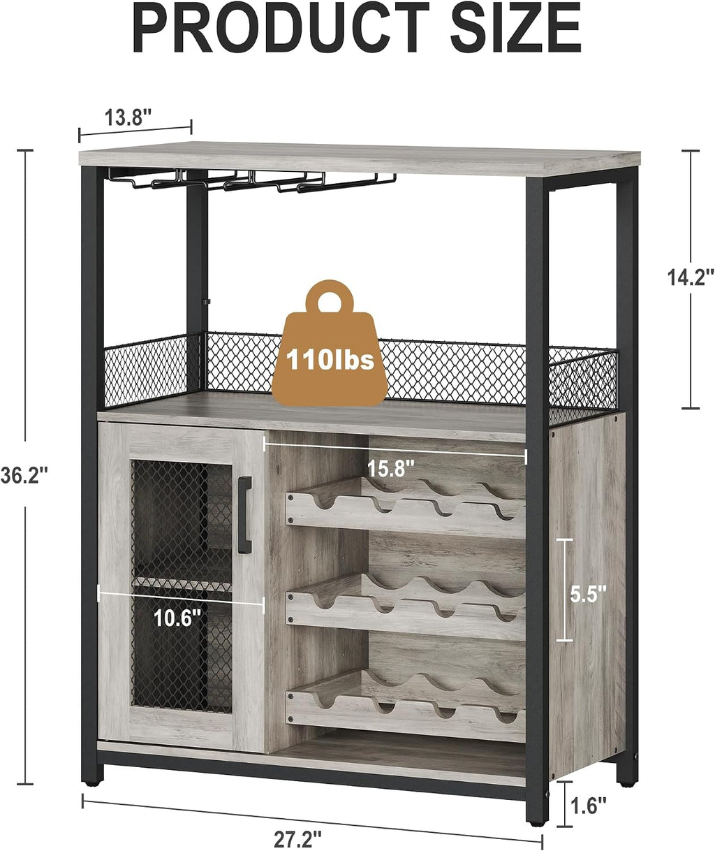 Jojoka 3 Tier Wine Bar Cabinet with LED Lights, Adjustable Storage, Liquor Rack, Glass Holder, Mesh Door, Multi Functional Coffee Bar Sideboard Buffet for Home, Dining Room