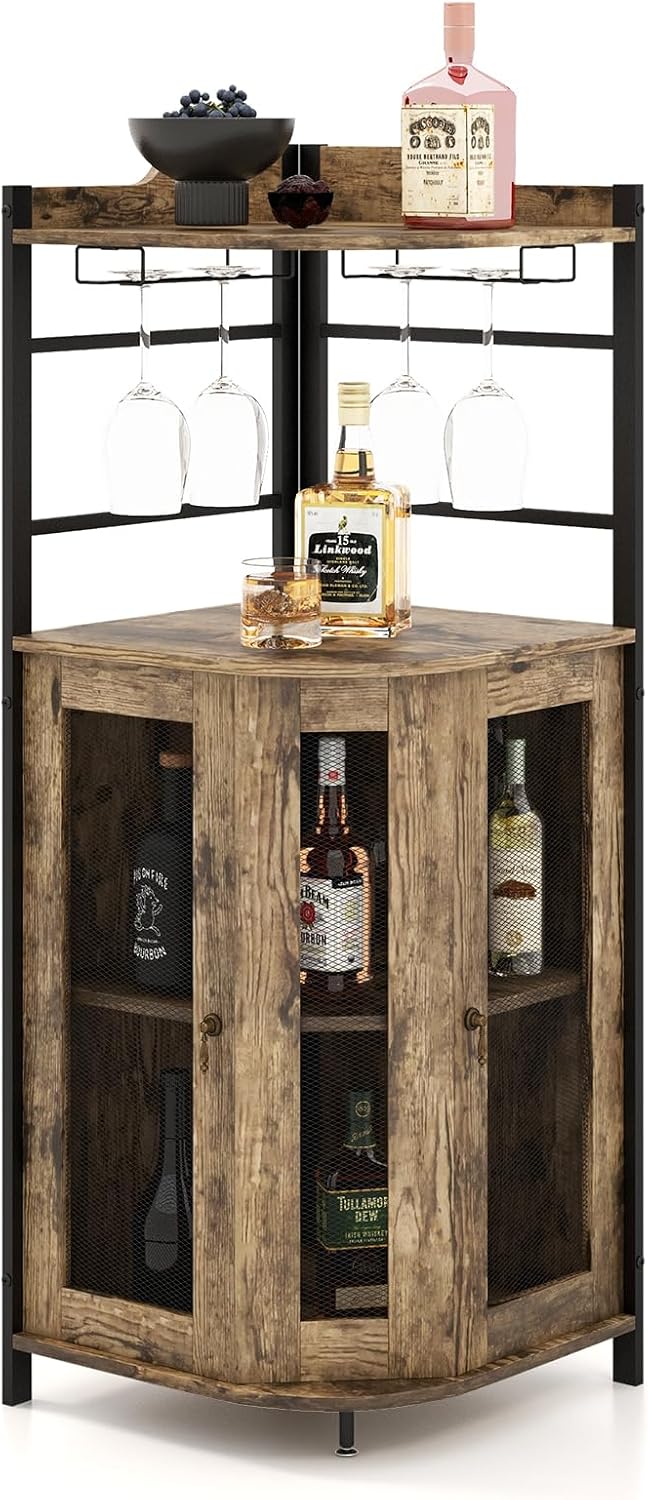 LOKO Corner Wine Bar Cabinet with Metal Mesh Doors, Glass Holder, Taupe