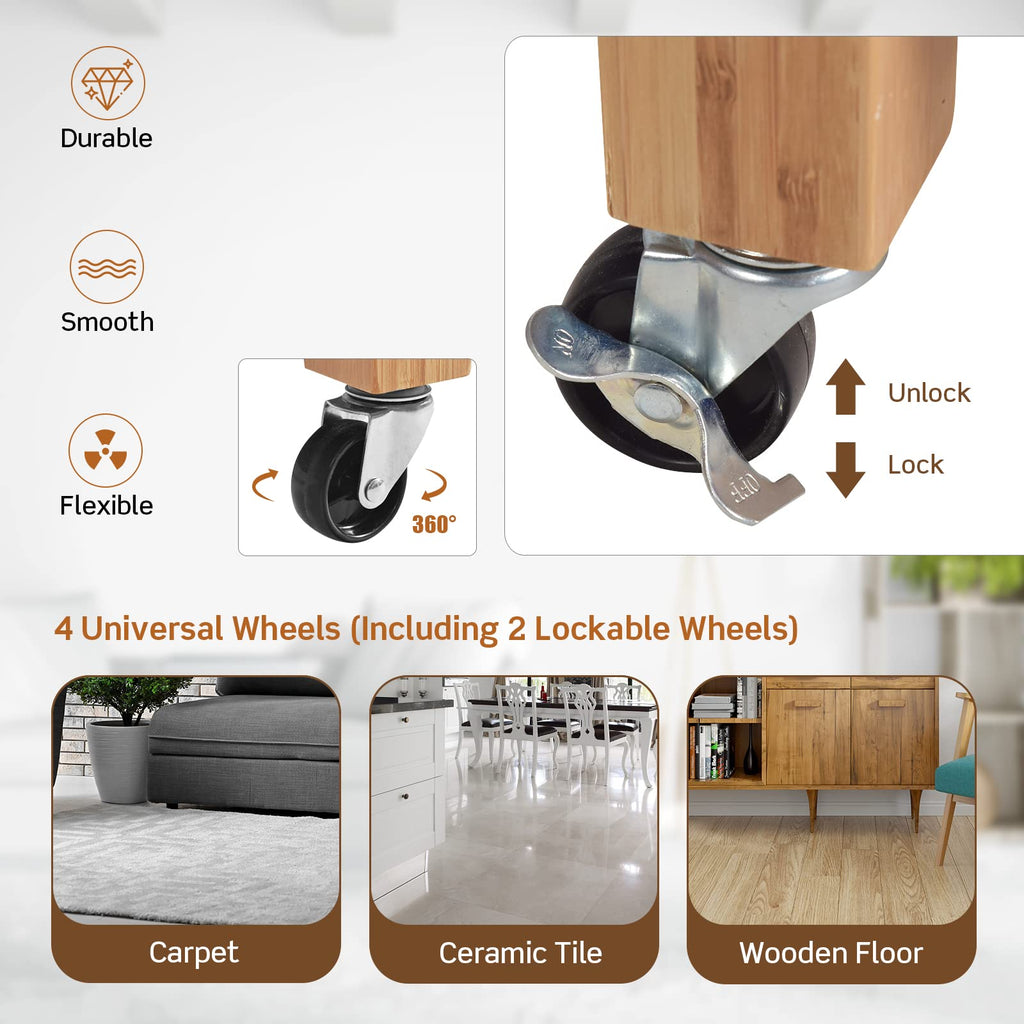 Bamboo Kitchen Island Cart with Storage, Rolling Butcher Block