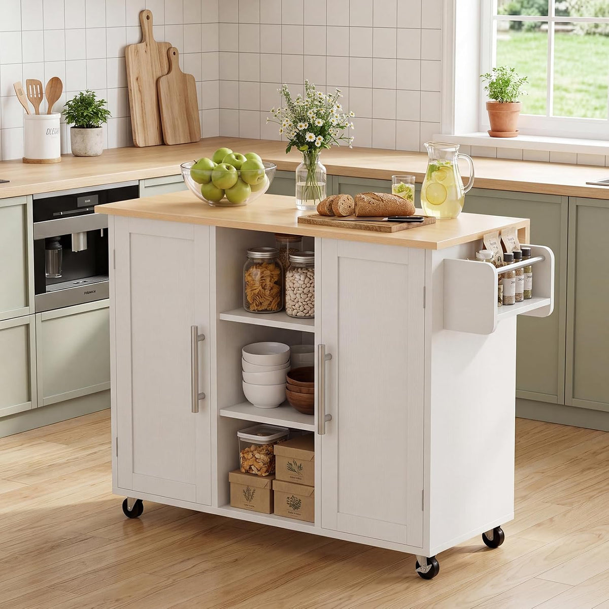 DUMOS Mobile Storage Island on Wheels, 42in Kitchen Cart with Spice Rack