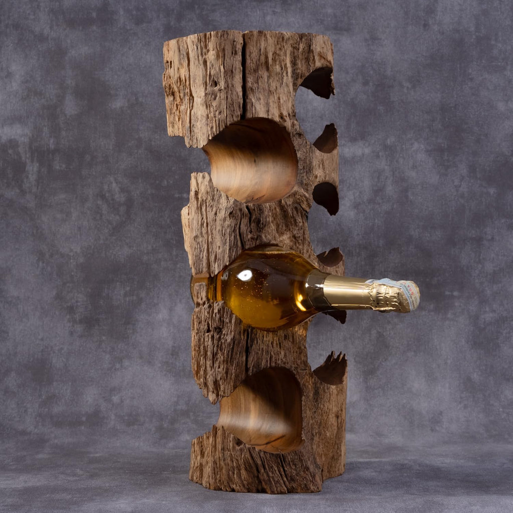 Solid Natural Vitex Pubescens Vahl Wood Wine Rack with Anti-Slip Pads â Rustic Single-Piece Freestanding Countertop Wine Holder â Securely Holds 5 Bottles Without Sliding â 20" x 9" x 7"