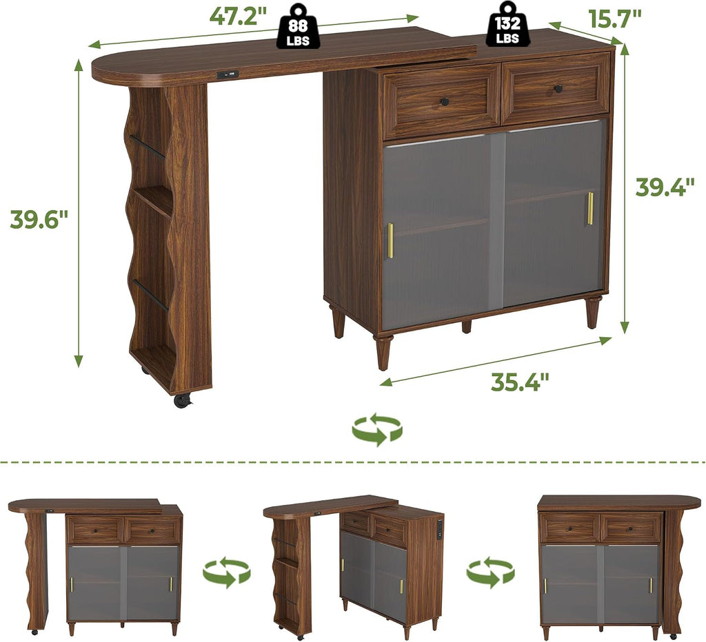 69" Kitchen Island with 360Â° Rotating Table,LED Lighting, Adjustable Shelves, Storage Cabinet & Power Outlet â Walnut Finish Extendable Dining Table for Kitchen, Dining Room, Bar