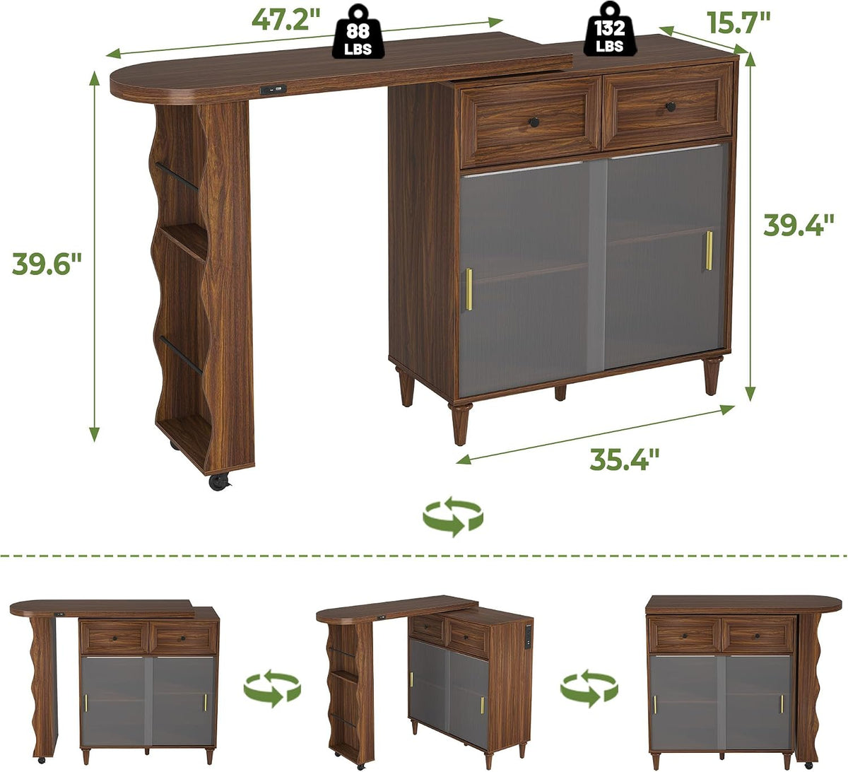 69" Kitchen Island with 360Â° Rotating Table,LED Lighting, Adjustable Shelves, Storage Cabinet & Power Outlet â Walnut Finish Extendable Dining Table for Kitchen, Dining Room, Bar