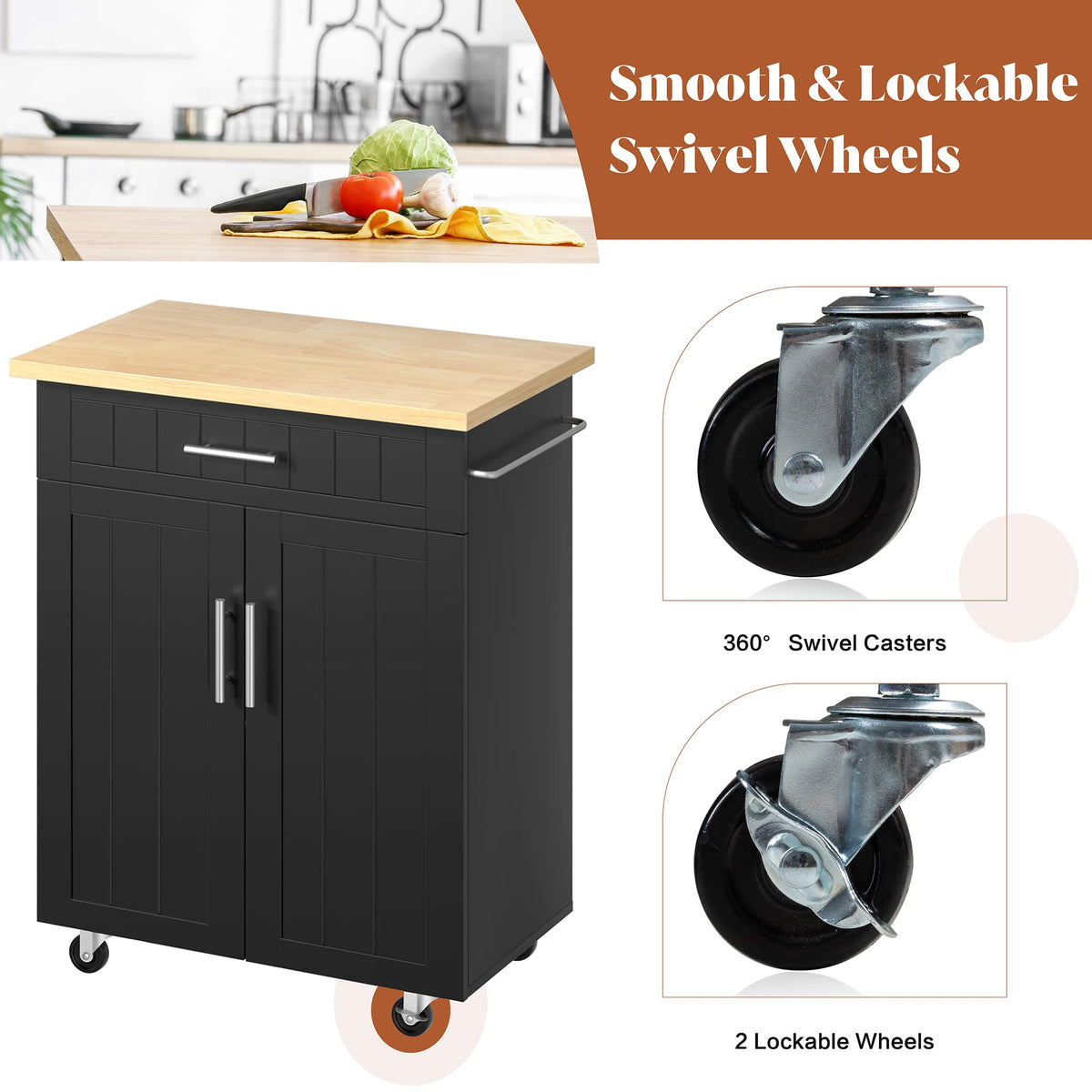 JY QAQA 26" Rolling Kitchen Island Cart on Wheels, Mobile Storage Cabinet with Adjustable Inner Shelves, Kitchen Prep Cart with Towel Rack & Lockable Casters for Small Apartment Kitchen, White