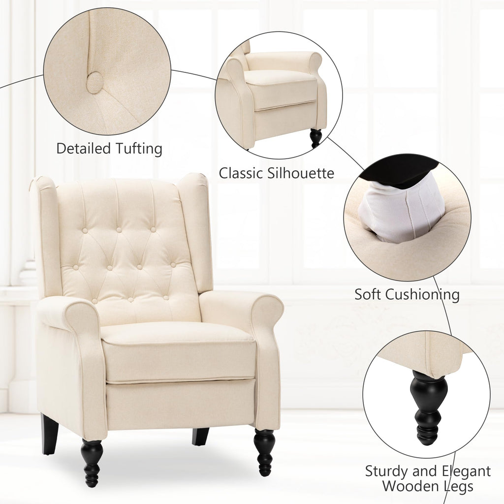 Mid Century Wingback Recliner Chair for Adults, Modern Linen Fabric Push Back Recliner Chairs with Button Tufted Upholstered Back & Footrest, Manual Recliner Chais for Living Room, Nursery, Gray
