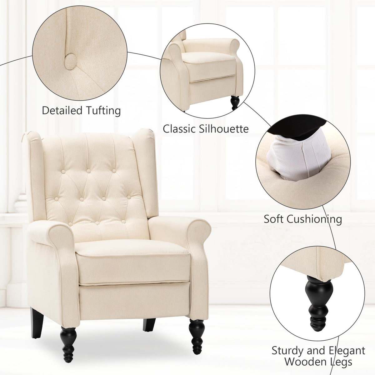 Mid Century Wingback Recliner Chair for Adults, Modern Linen Fabric Push Back Recliner Chairs with Button Tufted Upholstered Back & Footrest, Manual Recliner Chais for Living Room, Nursery, Gray