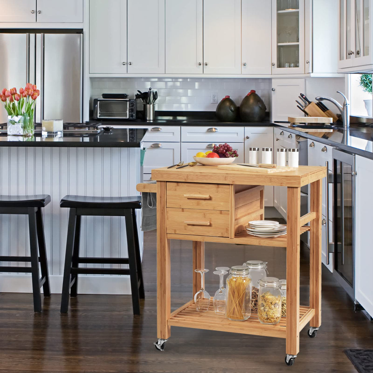 Bamboo Kitchen Island Cart with Storage, Rolling Butcher Block
