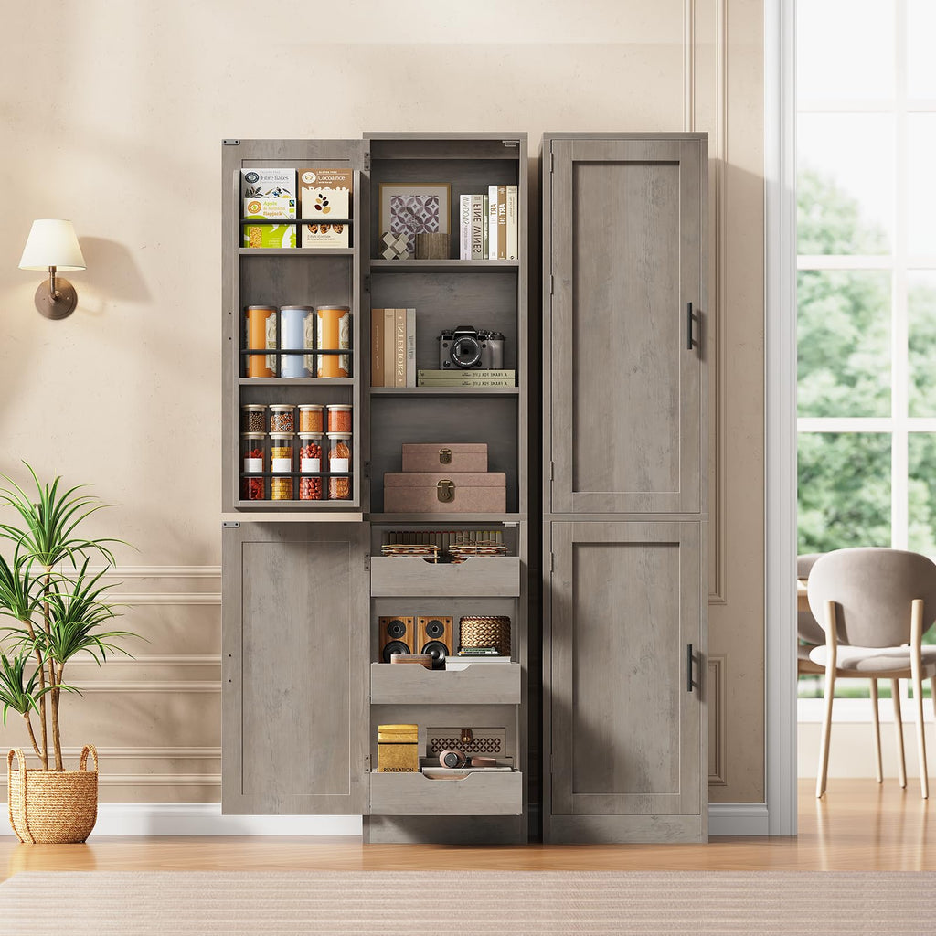 Itaar 71" Kitchen Pantry Cabinet with Charging Station and Led Light, Kitchen Storage Cabinets with Microwave Stand, 59" Wide Pantry Storage Cabinet with Storage Cart 3 Tier for Dining Room, White