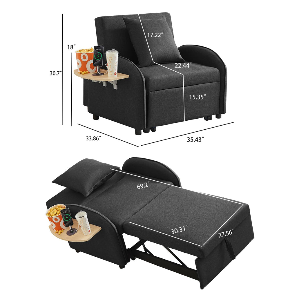 Convertible Single Sleeper Chair Bed,3 in 1 Velvet Futon Sleeper Sofa Bed with Phone Holder&USB Ports,Pull Out Couch Bed,Adjustable Recliner Armchair bed for Living Room,Office,Small Places(Grey)