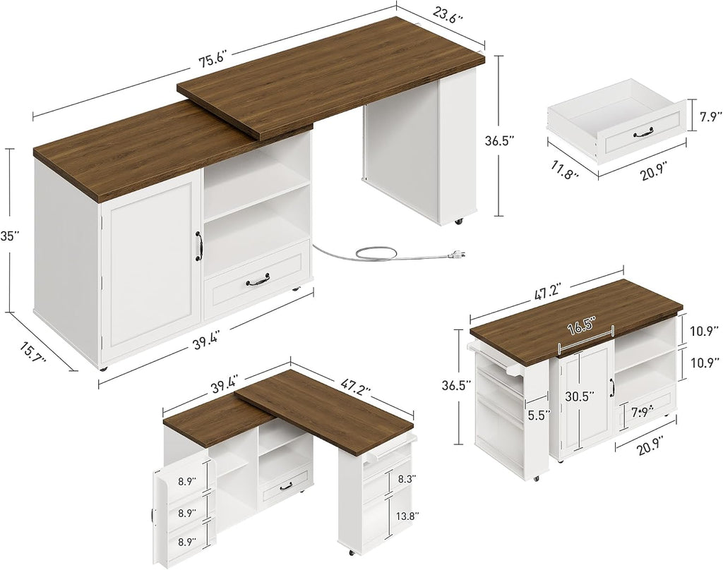RALGEND Rolling Kitchen Island with 360Â° Swivel Tabletop, Large Kitchen Island Table with Power Outlet, Mobile Kitchen Island Cart with Storage Cabinets for Kitchen & Office, White and Walnut