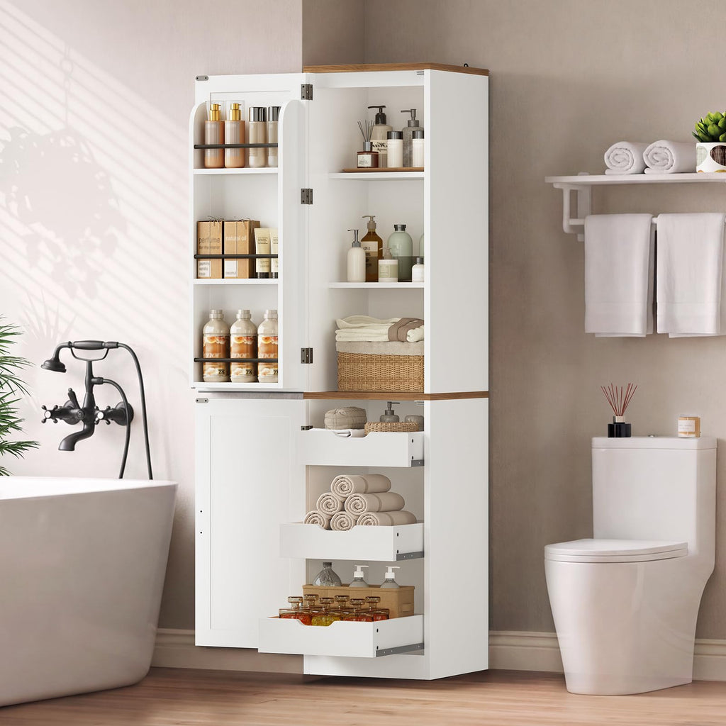 Itaar 71" Kitchen Pantry Cabinet with Charging Station and Led Light, Kitchen Storage Cabinets with Microwave Stand, 59" Wide Pantry Storage Cabinet with Storage Cart 3 Tier for Dining Room, White