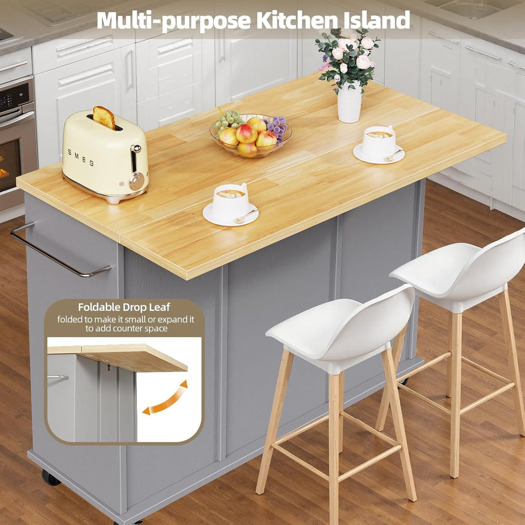 SUNLEI Rolling Kitchen Island Cart with Wheels, Island Table for Kitchen, Farmhouse Kitchen Cart with Drop Leaf & Towel Rack & Drawer, Kitchen Islands Table with Storage Cabinet, Grey