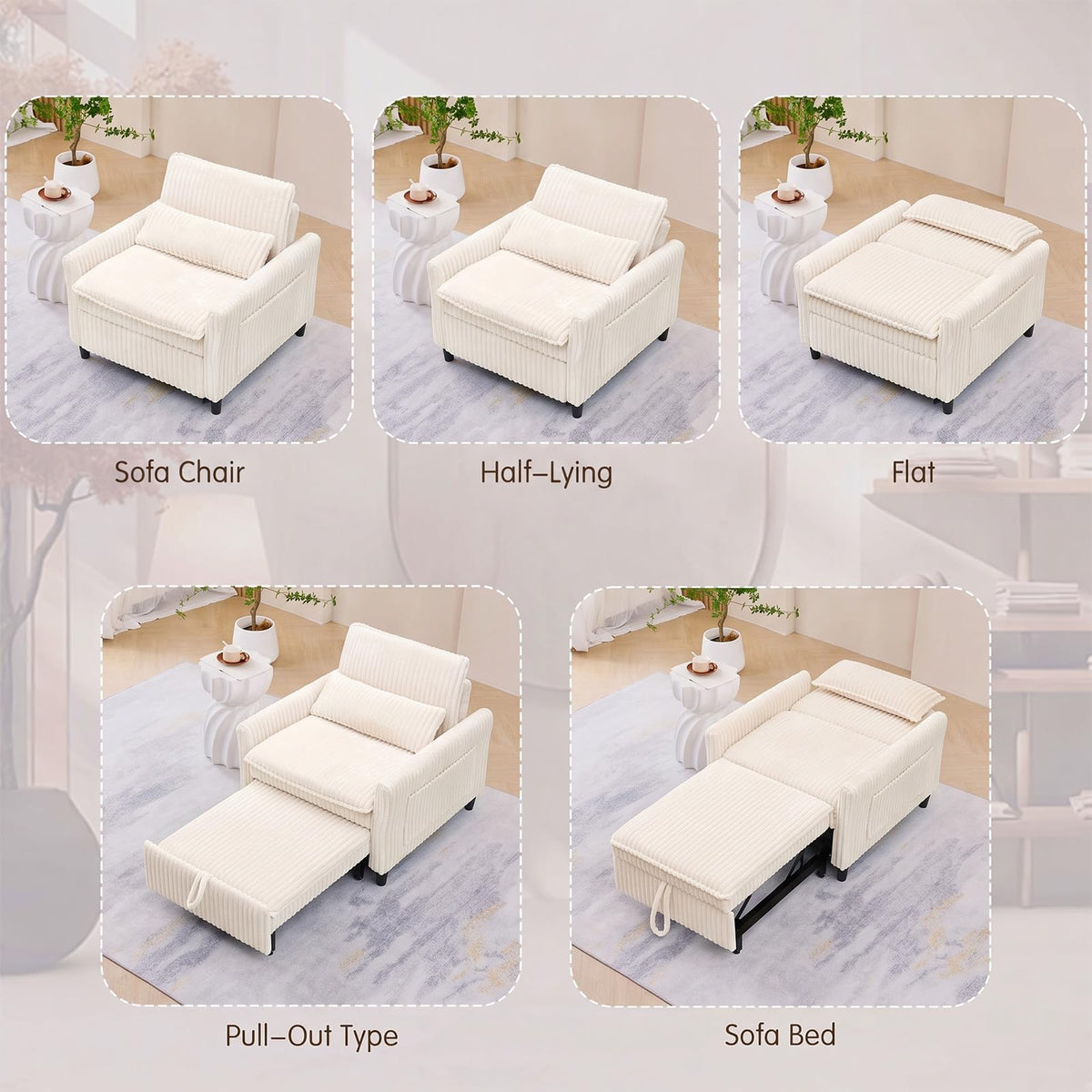32" Convertible Sofa Chair Bed, 3âinâ1 Pullâout Sleeper Chair with Corduroy Fabric, Adjustable Backrest & Side Storage Pockets, SpaceâSaving Design for Living Room, Apartment, Bedroom (Yellow)